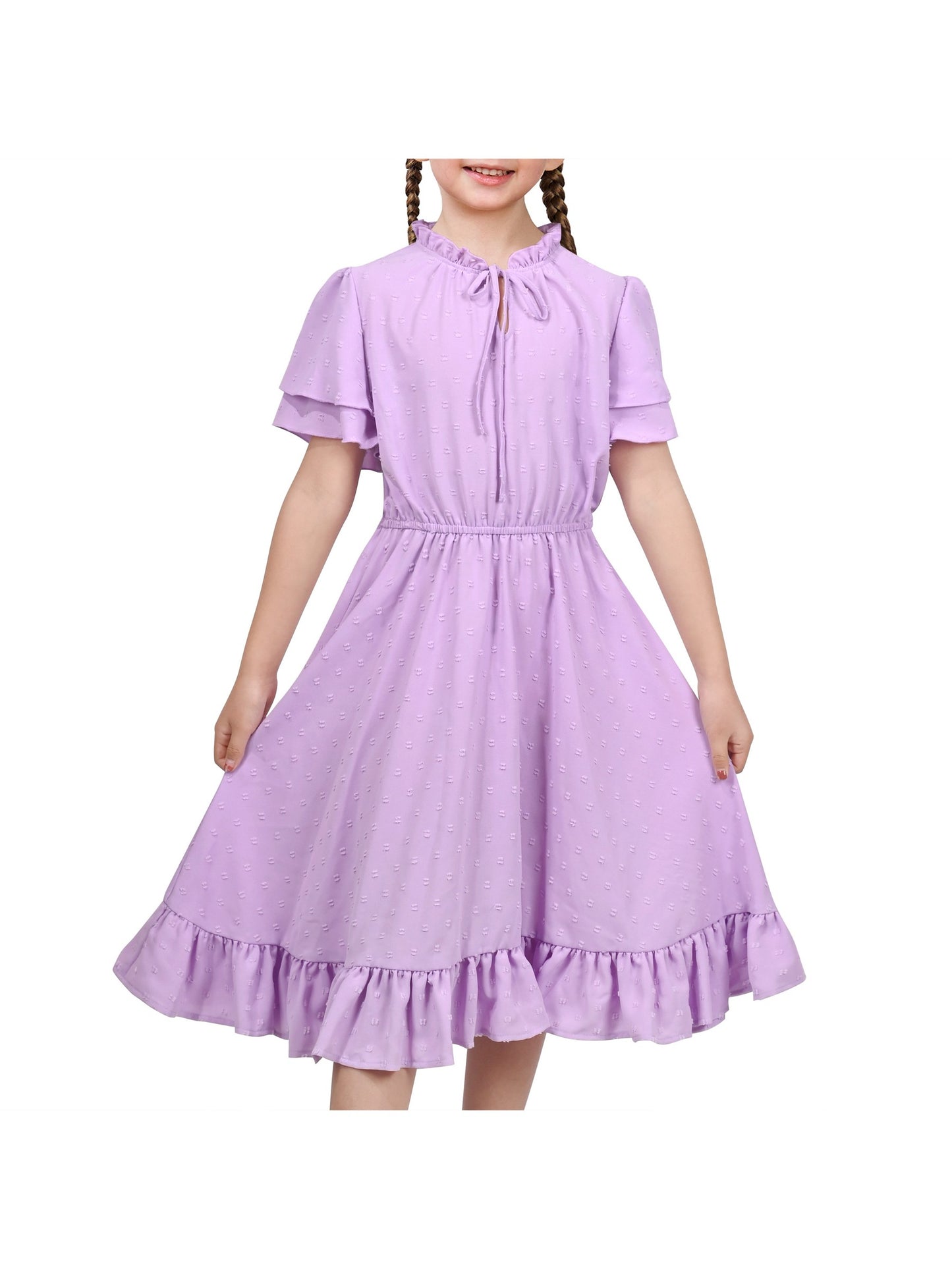 Girls Dress Red Chiffon Swiss Dot Stand Collar Ruffle Puff Short Sleeve Purple