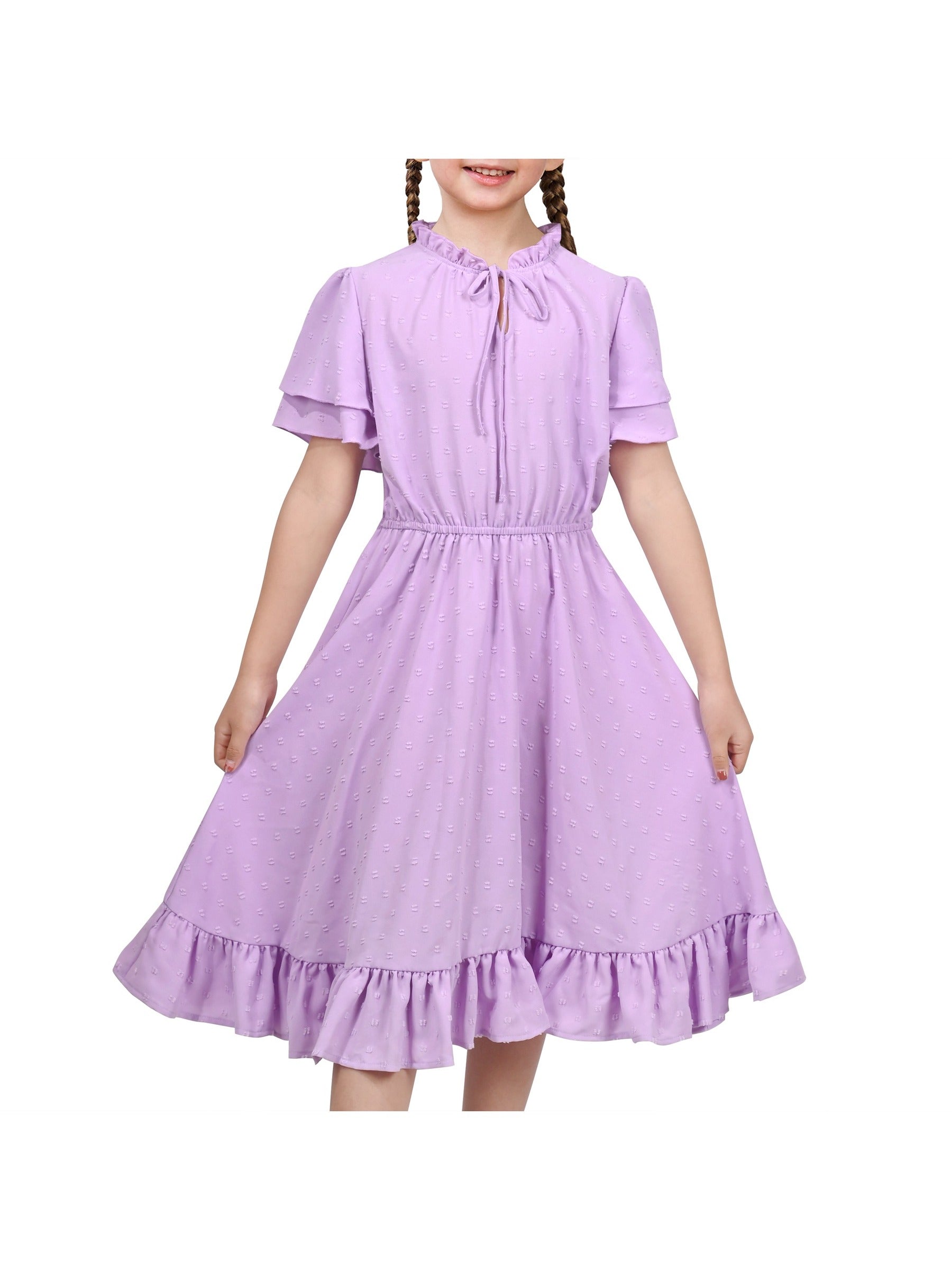 Girls Dress Red Chiffon Swiss Dot Stand Collar Ruffle Puff Short Sleeve Purple
