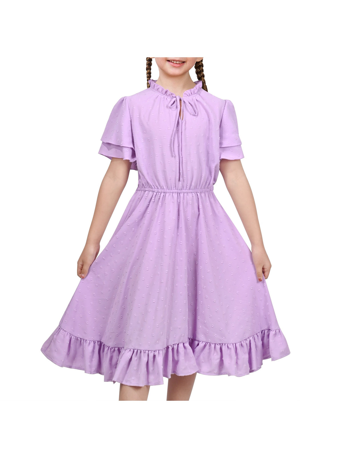 Girls Dress Red Chiffon Swiss Dot Stand Collar Ruffle Puff Short Sleeve - Purple
