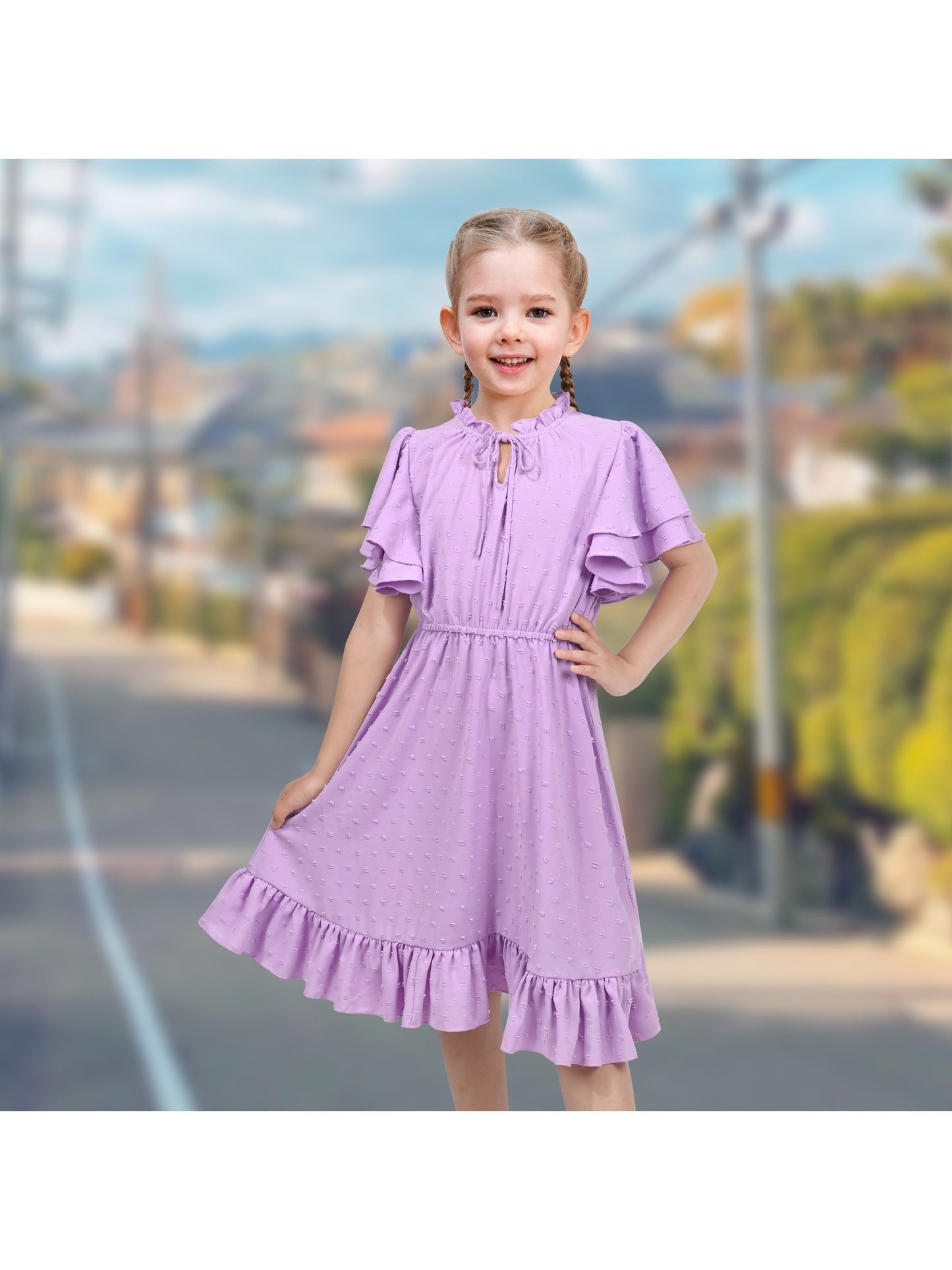 Girls Dress Red Chiffon Swiss Dot Stand Collar Ruffle Puff Short Sleeve Purple