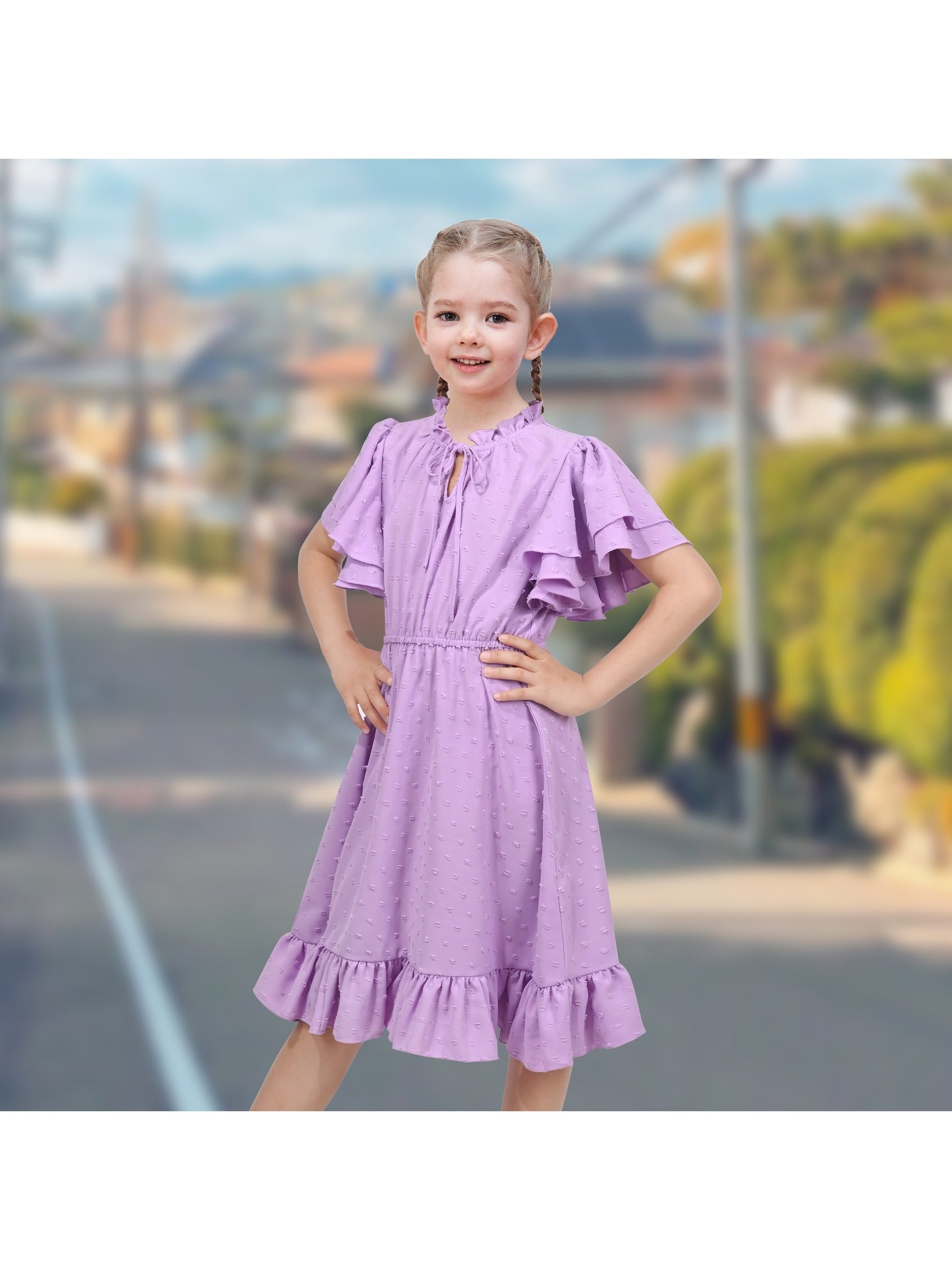 Girls Dress Red Chiffon Swiss Dot Stand Collar Ruffle Puff Short Sleeve Purple