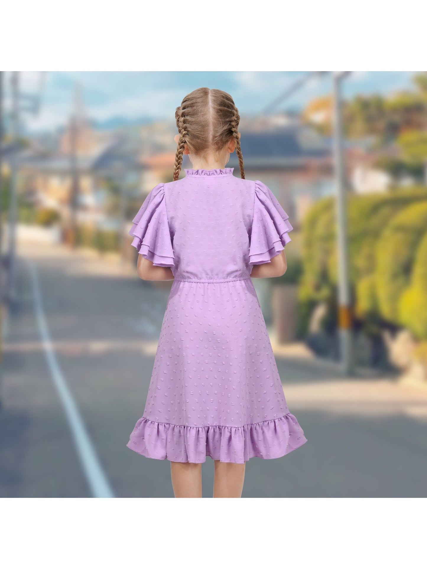Girls Dress Red Chiffon Swiss Dot Stand Collar Ruffle Puff Short Sleeve Purple