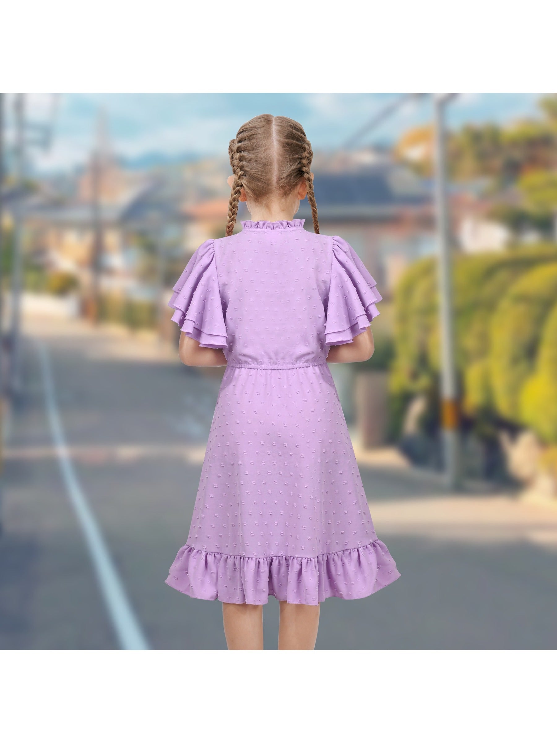 Girls Dress Red Chiffon Swiss Dot Stand Collar Ruffle Puff Short Sleeve Purple