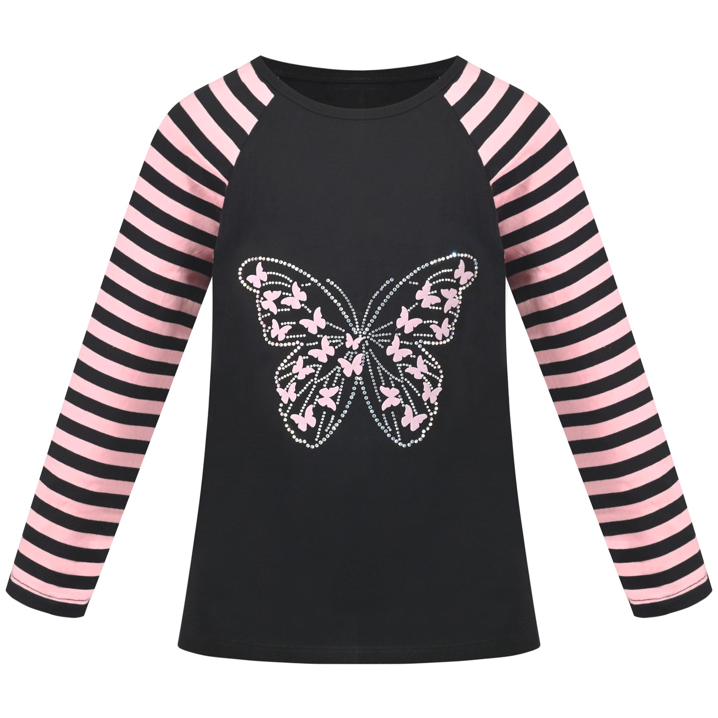 Girls Top Shirt Long Sleeve Pink Striped Valentine Crewneck Soft Casual Black