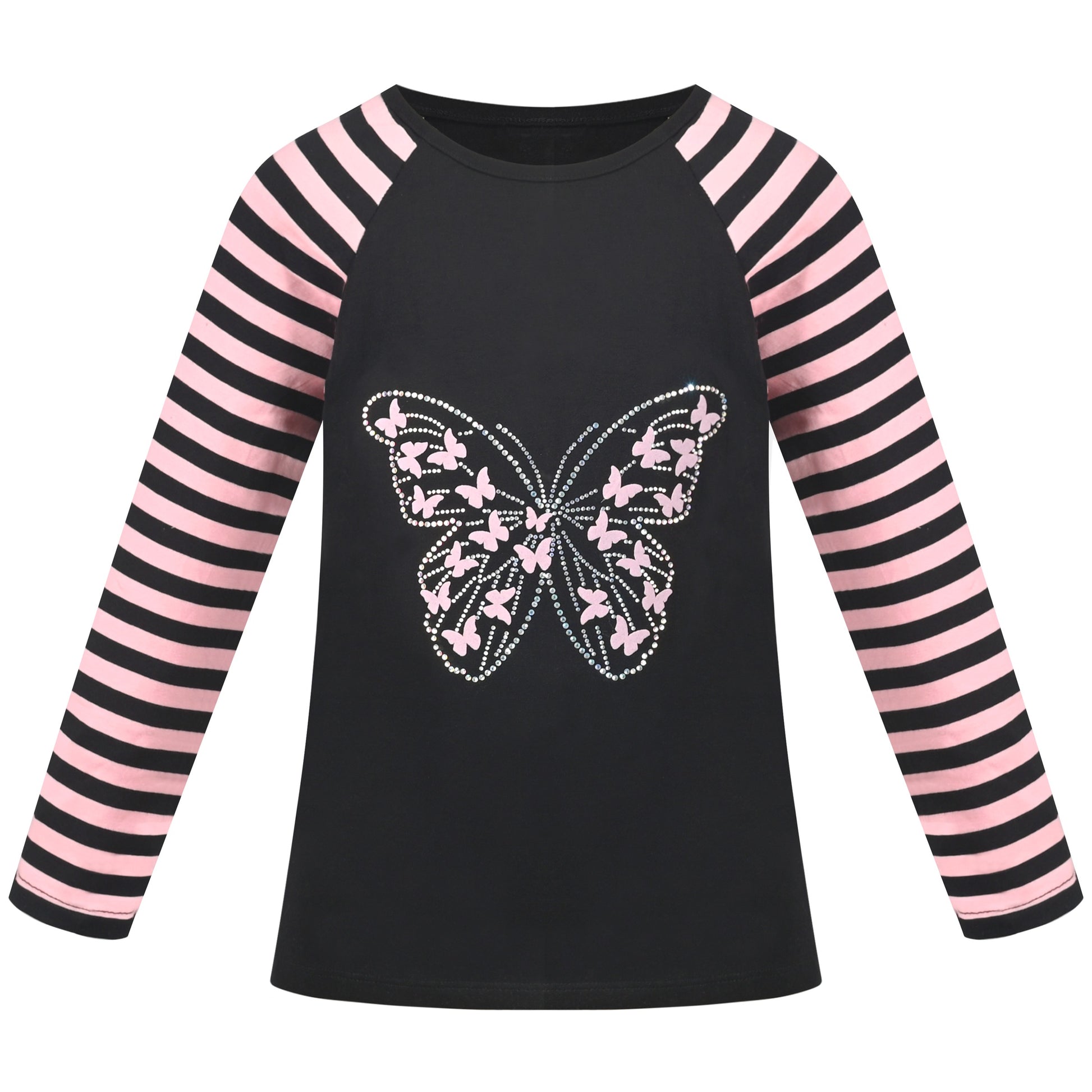 Girls Top Shirt Long Sleeve Pink Striped Valentine Crewneck Soft Casual Black