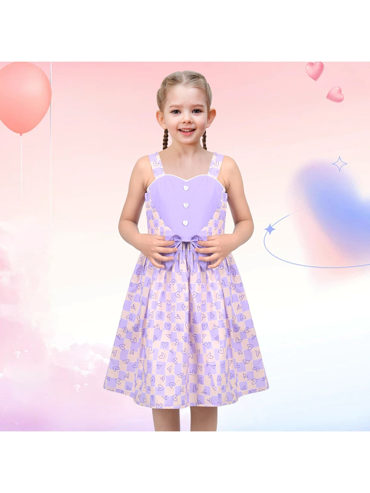 Girls Dress Mauve Plaid Love Heart Playful Holiday Party Casual Sundress - Purple Heart