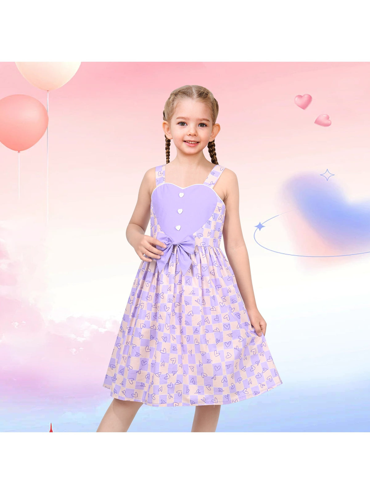 Girls Dress Mauve Plaid Love Heart Playful Holiday Party Casual Sundress - Purple Heart