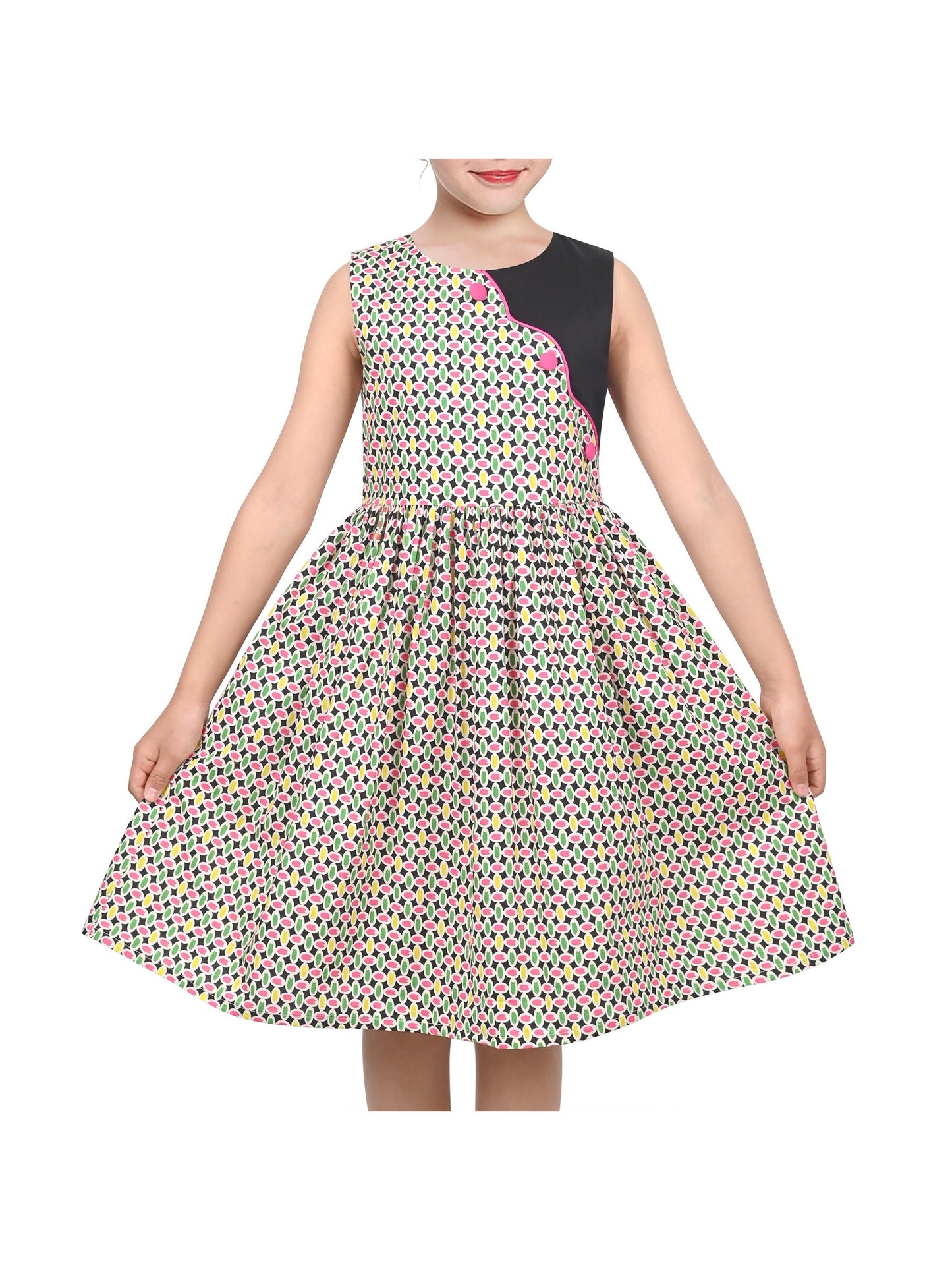 Girls Dress Colorful Floral Print Asymmetrical Color Block Sundress Beige
