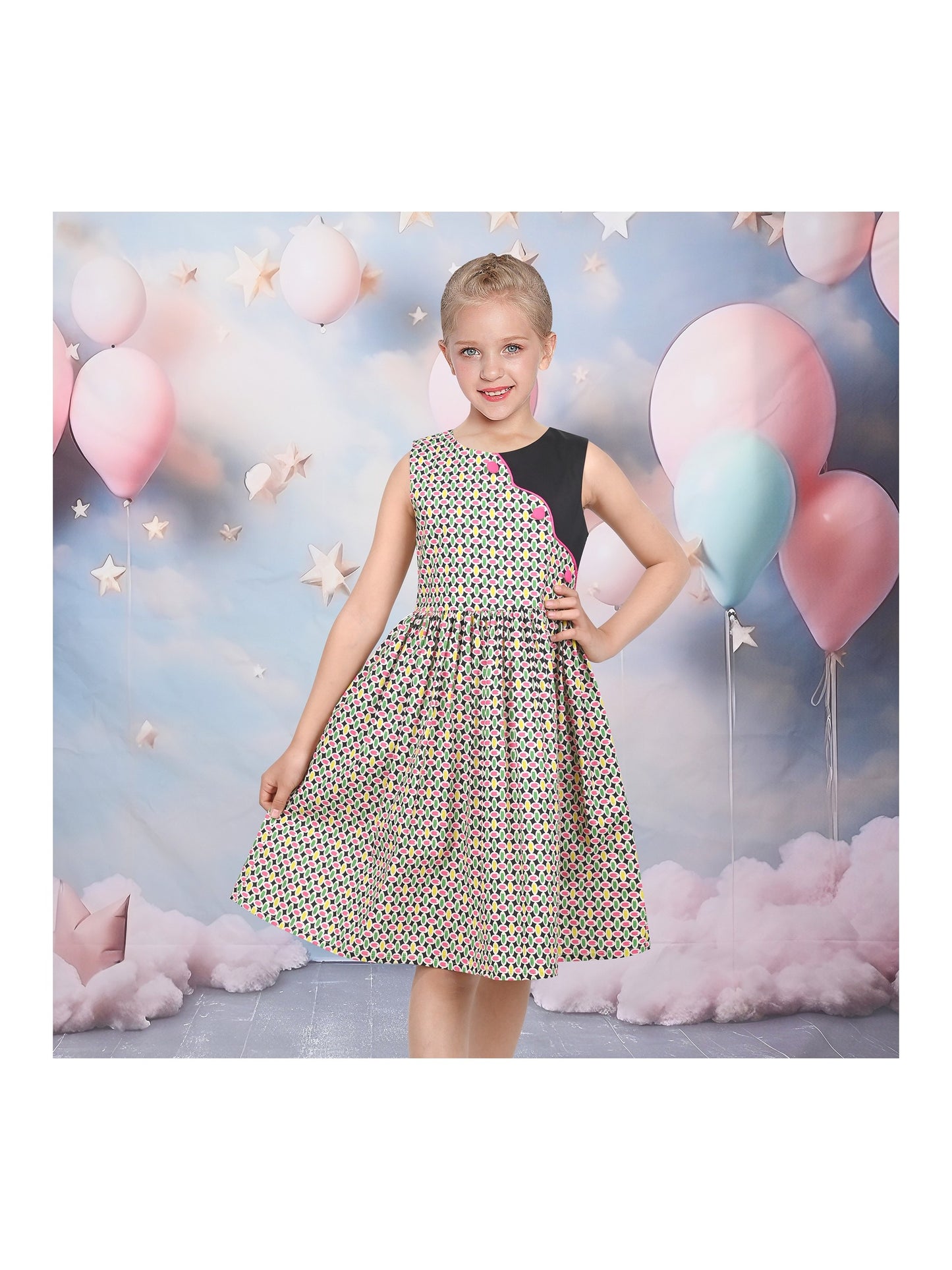 Girls Dress Colorful Floral Print Asymmetrical Color Block Sundress Beige