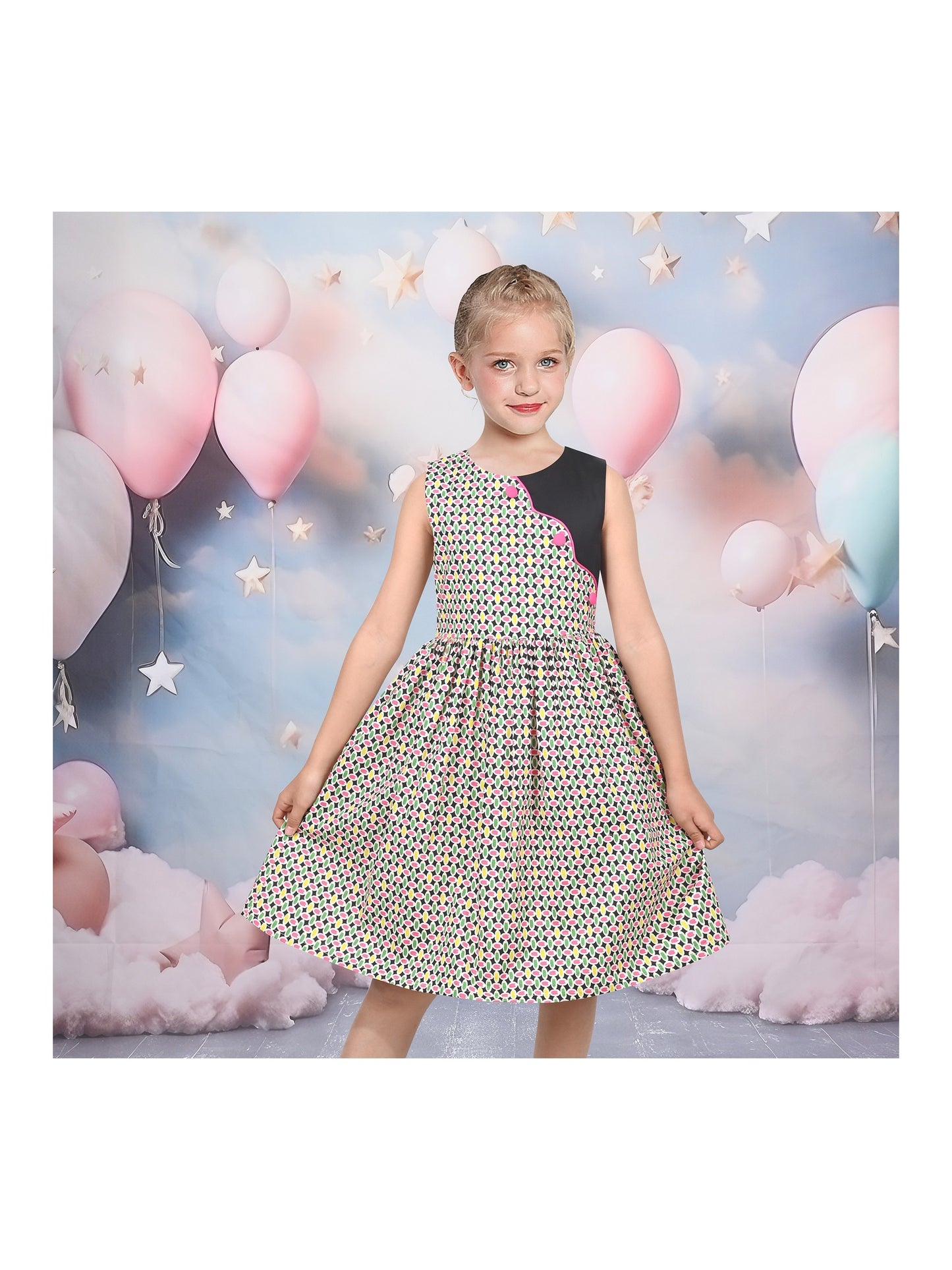 Girls Dress Colorful Floral Print Asymmetrical Color Block Sundress Beige