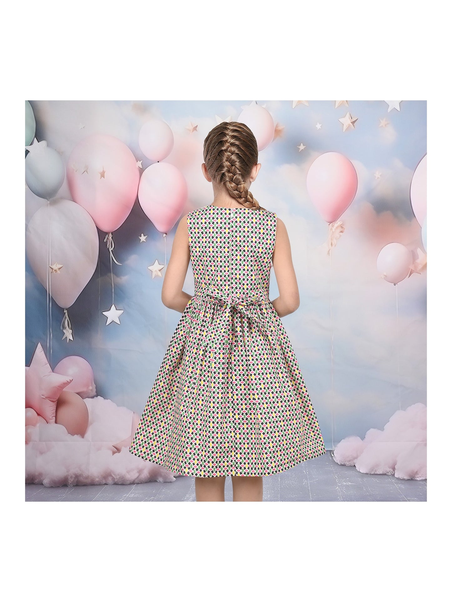 Girls Dress Colorful Floral Print Asymmetrical Color Block Sundress Beige