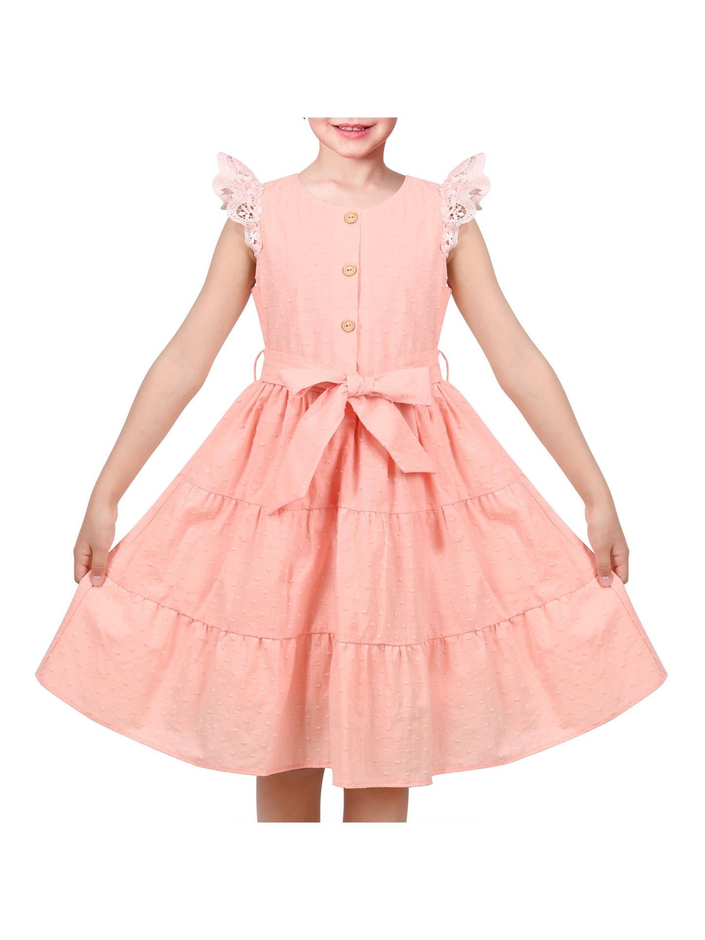 Girls Dress Royal Blue Front Button Swing Lace Flying Sleeve Vintage Pink