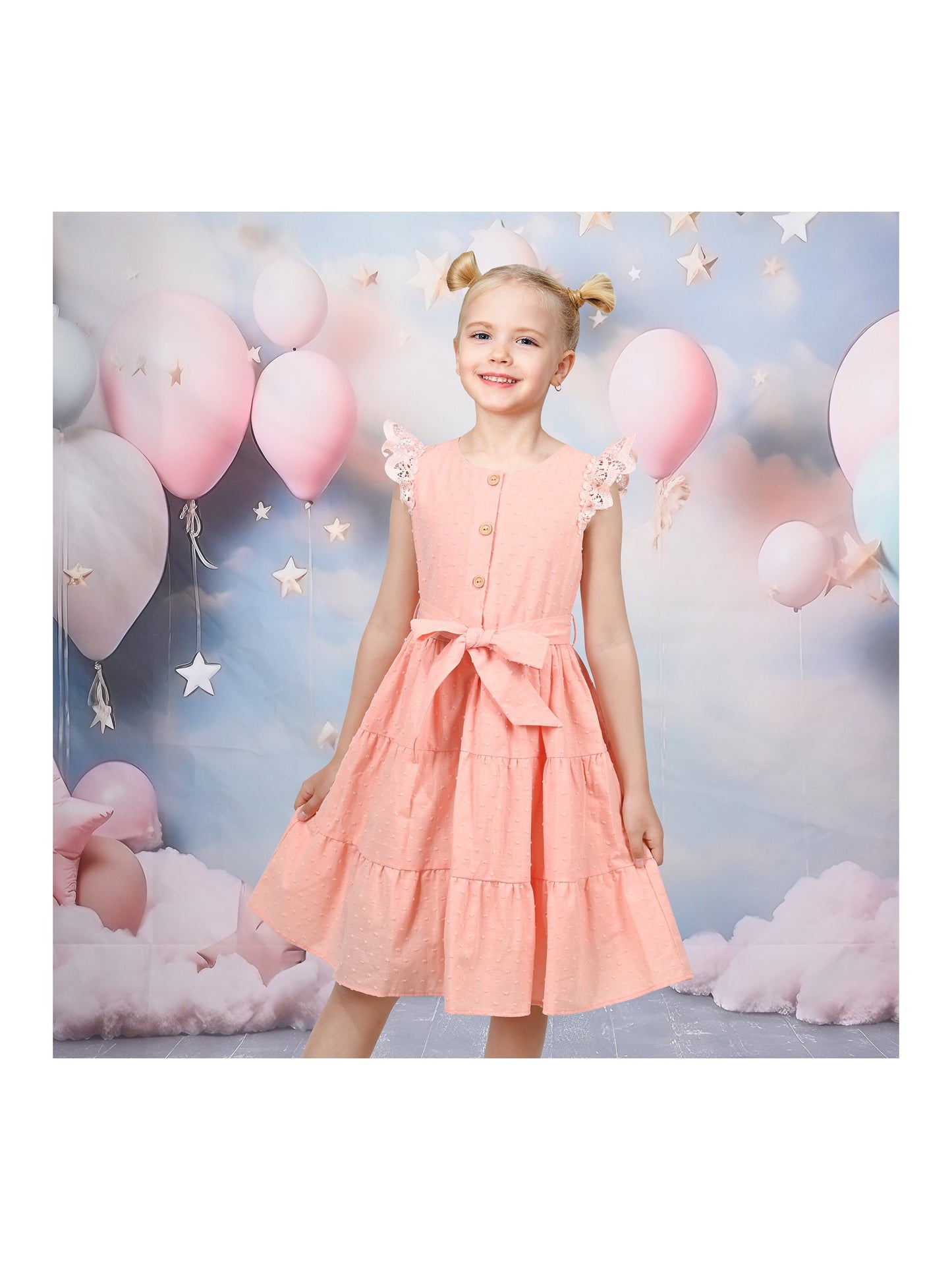 Girls Dress Royal Blue Front Button Swing Lace Flying Sleeve Vintage Pink