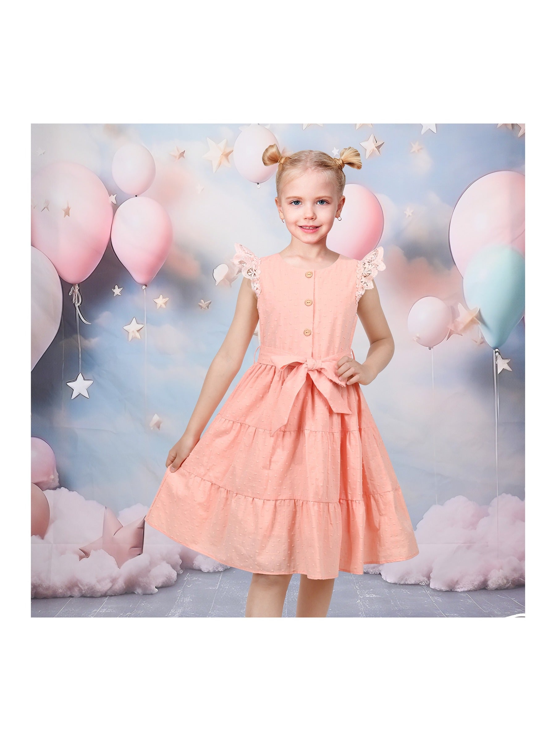 Girls Dress Royal Blue Front Button Swing Lace Flying Sleeve Vintage Pink