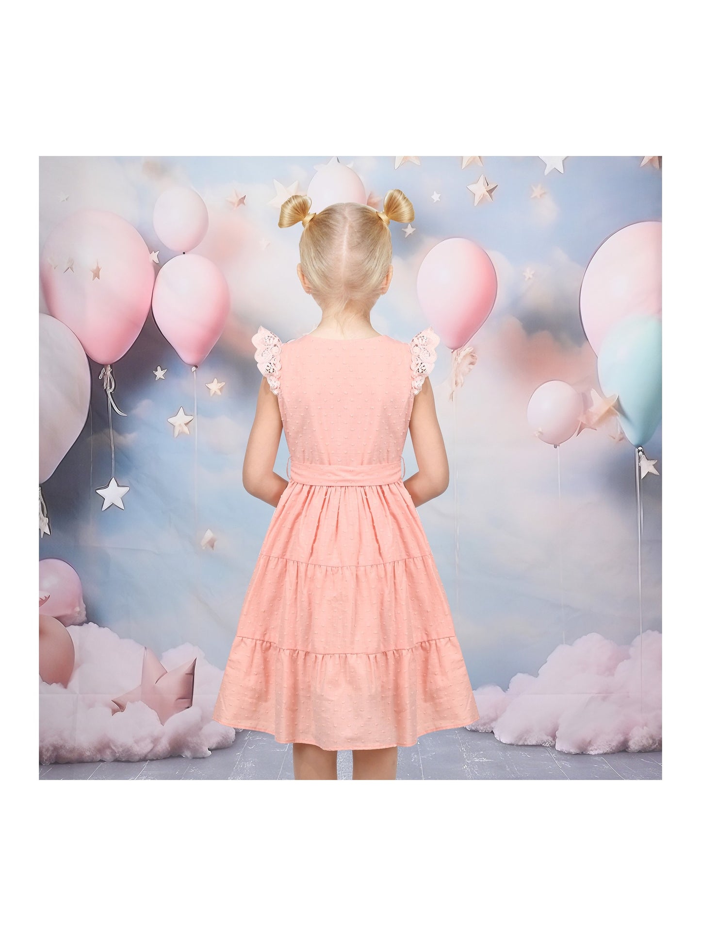 Girls Dress Royal Blue Front Button Swing Lace Flying Sleeve Vintage Pink