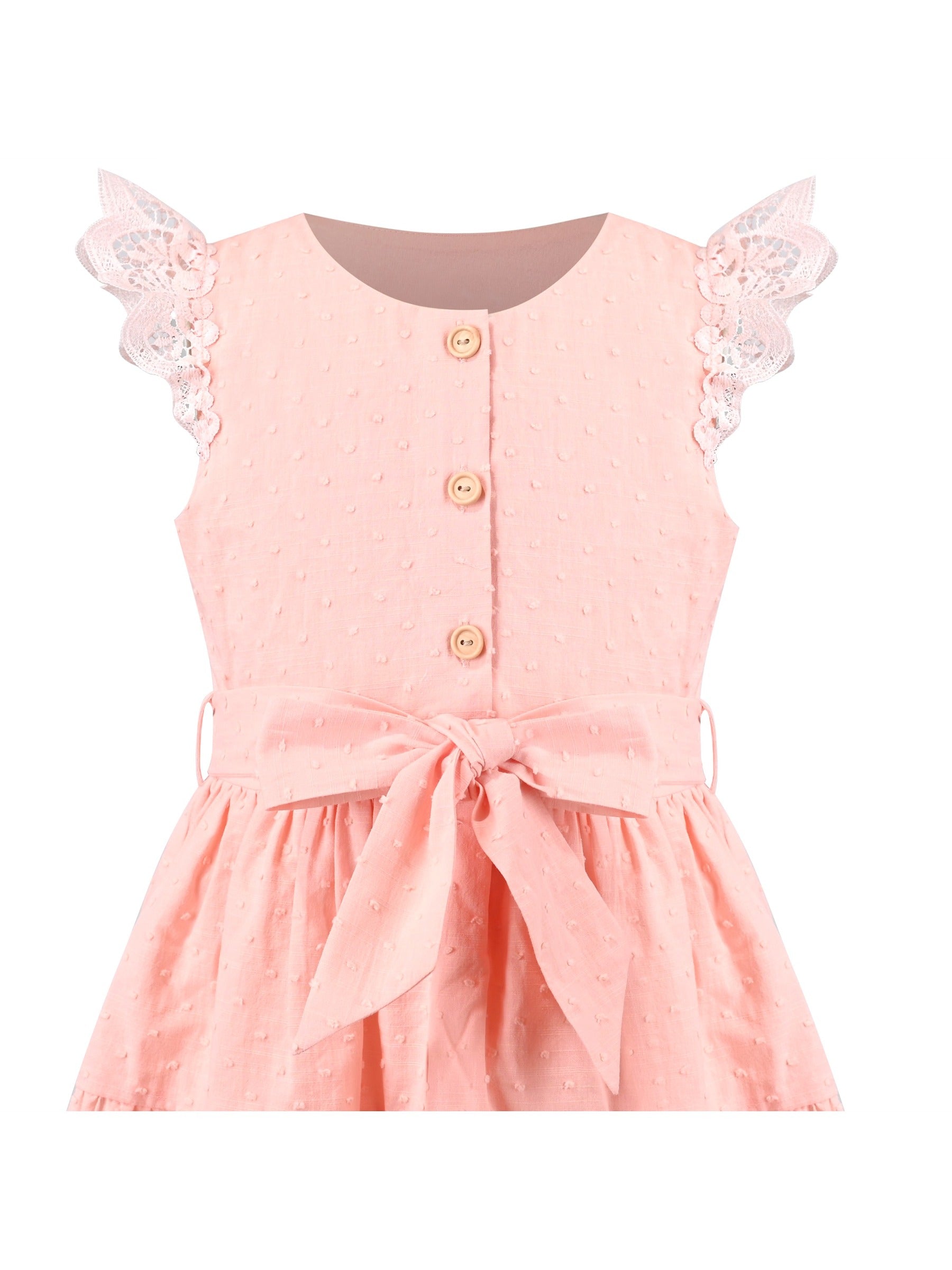 Girls Dress Royal Blue Front Button Swing Lace Flying Sleeve Vintage Pink