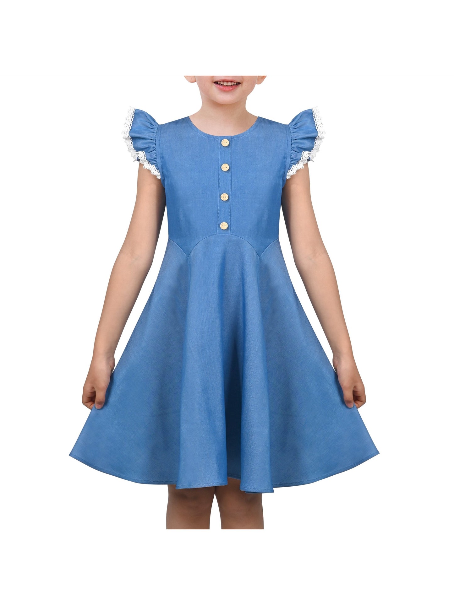 Girls Dress Royal Blue Front Button Swing Lace Flying Sleeve Vintage Blue
