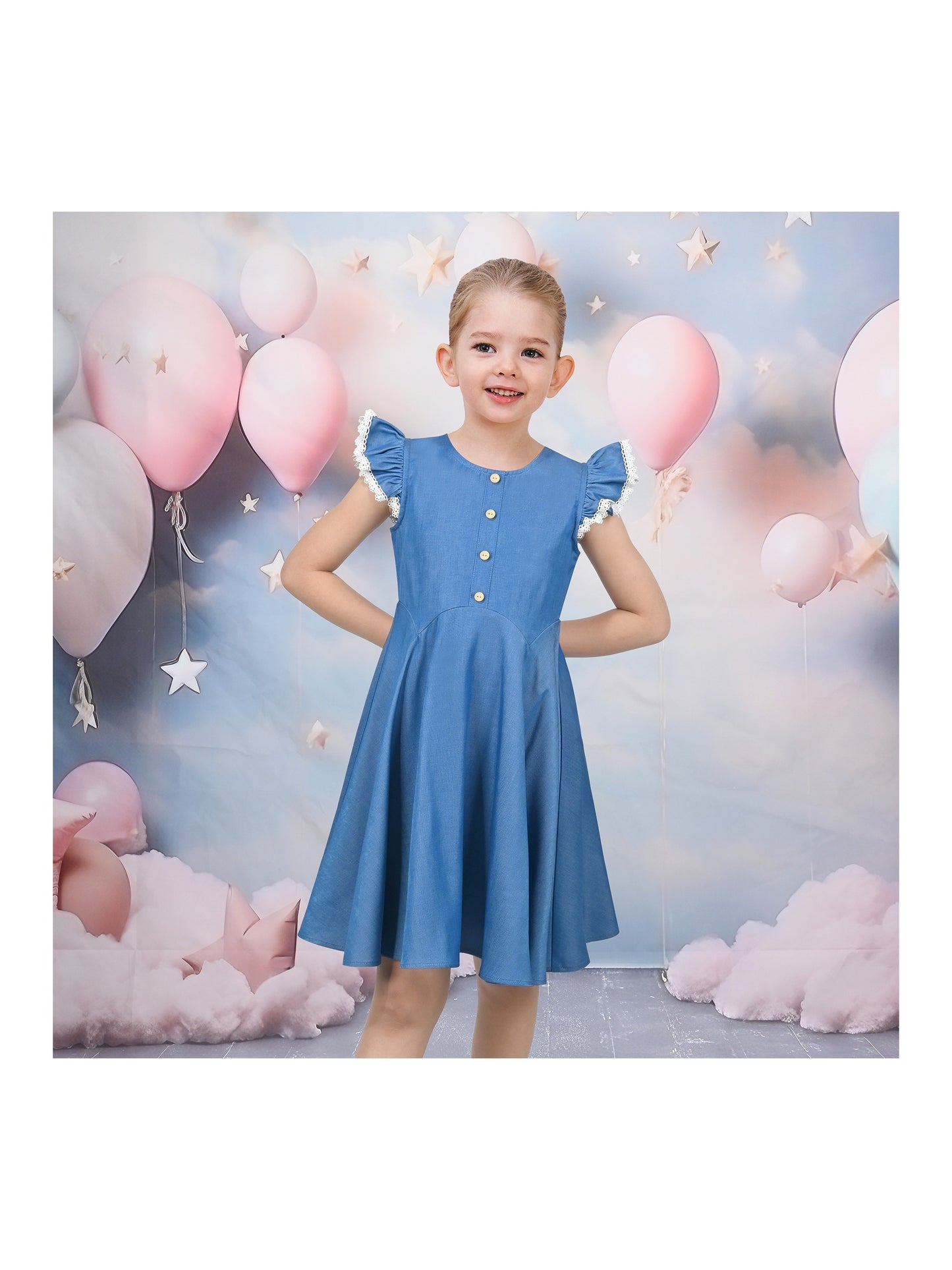 Girls Dress Royal Blue Front Button Swing Lace Flying Sleeve Vintage Blue