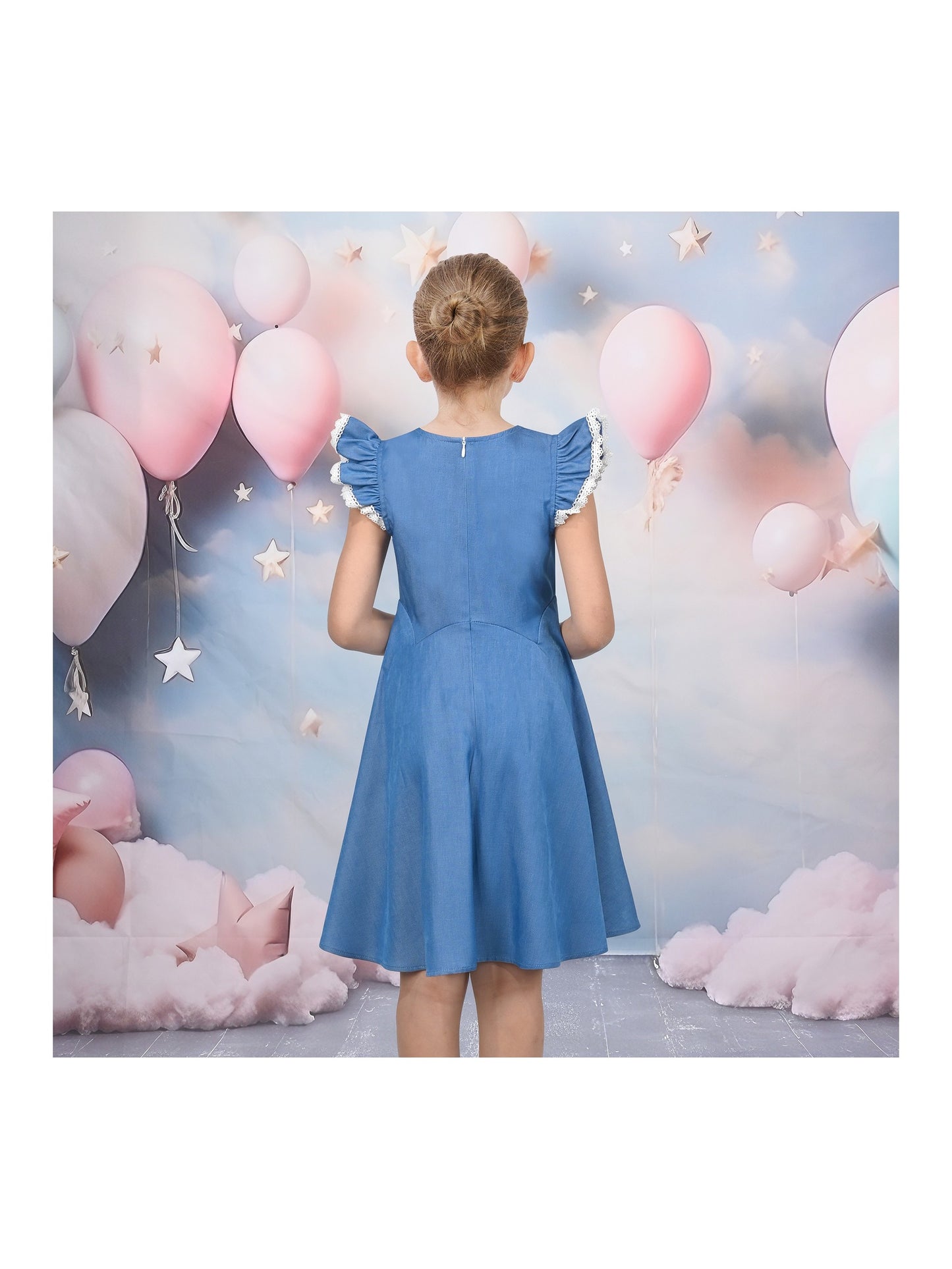 Girls Dress Royal Blue Front Button Swing Lace Flying Sleeve Vintage Blue