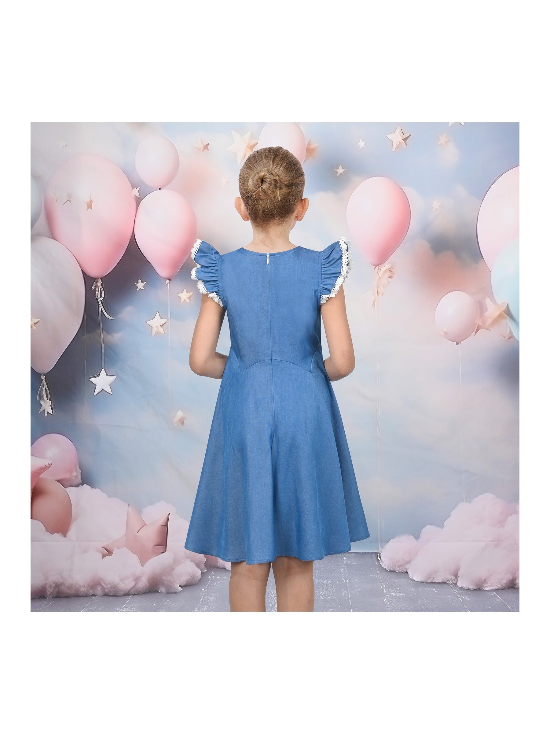 Girls Dress Royal Blue Front Button Swing Lace Flying Sleeve Vintage Blue