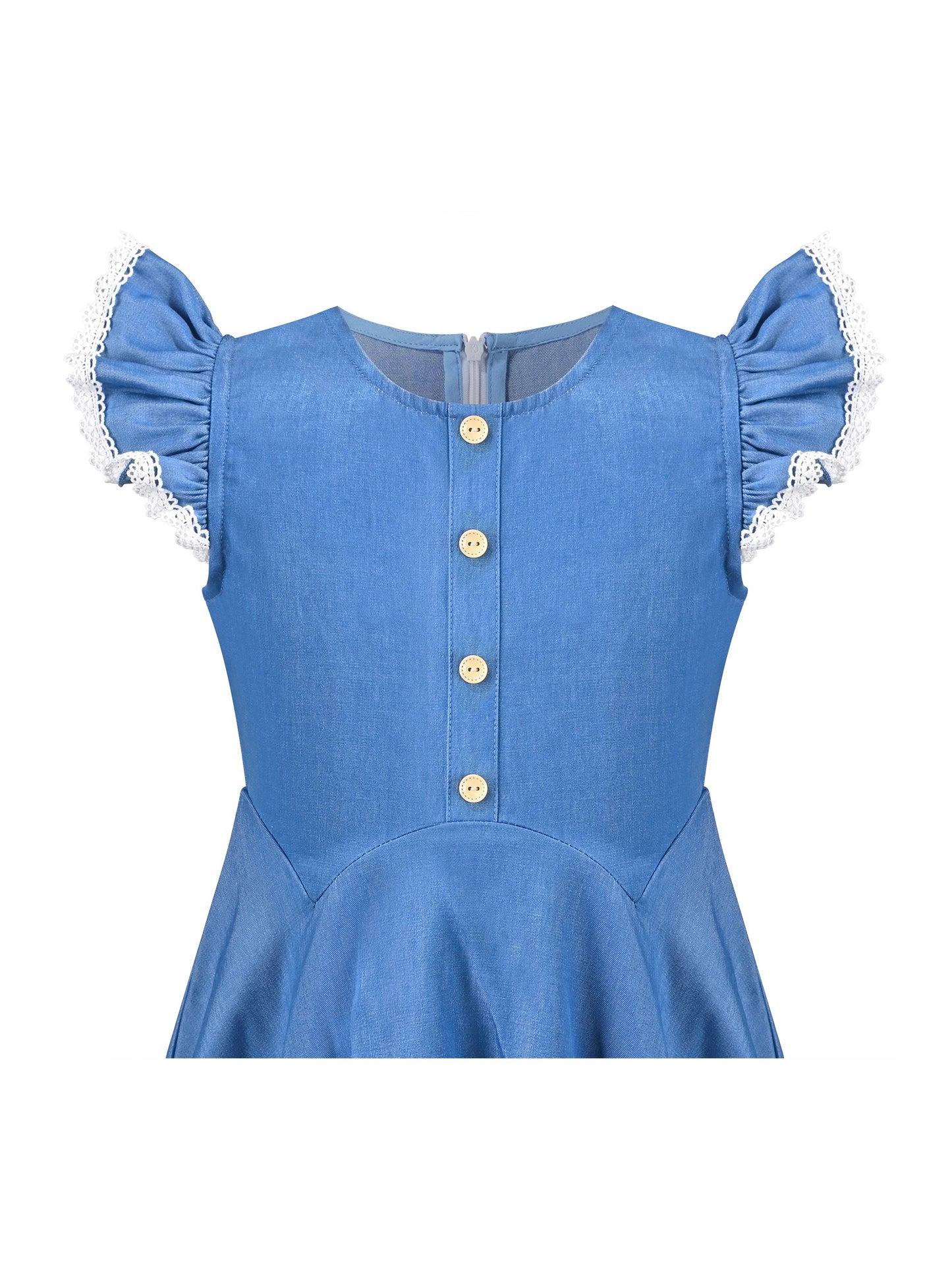 Girls Dress Royal Blue Front Button Swing Lace Flying Sleeve Vintage Blue