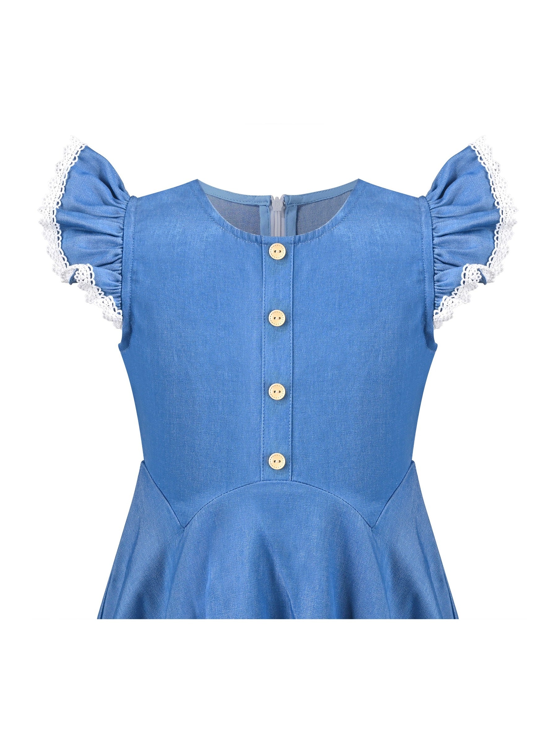 Girls Dress Royal Blue Front Button Swing Lace Flying Sleeve Vintage Blue