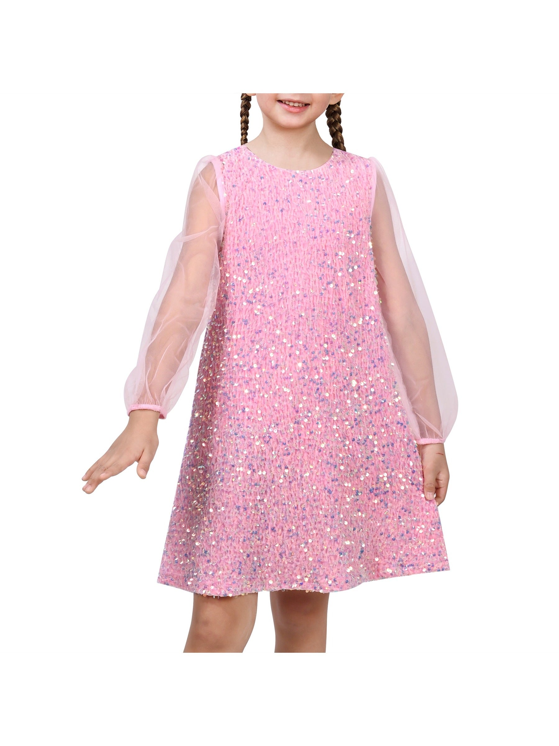 Girls Dress Black Sequin Sheer Mesh Long Sleeve Party Elegant Ball Gown Pink