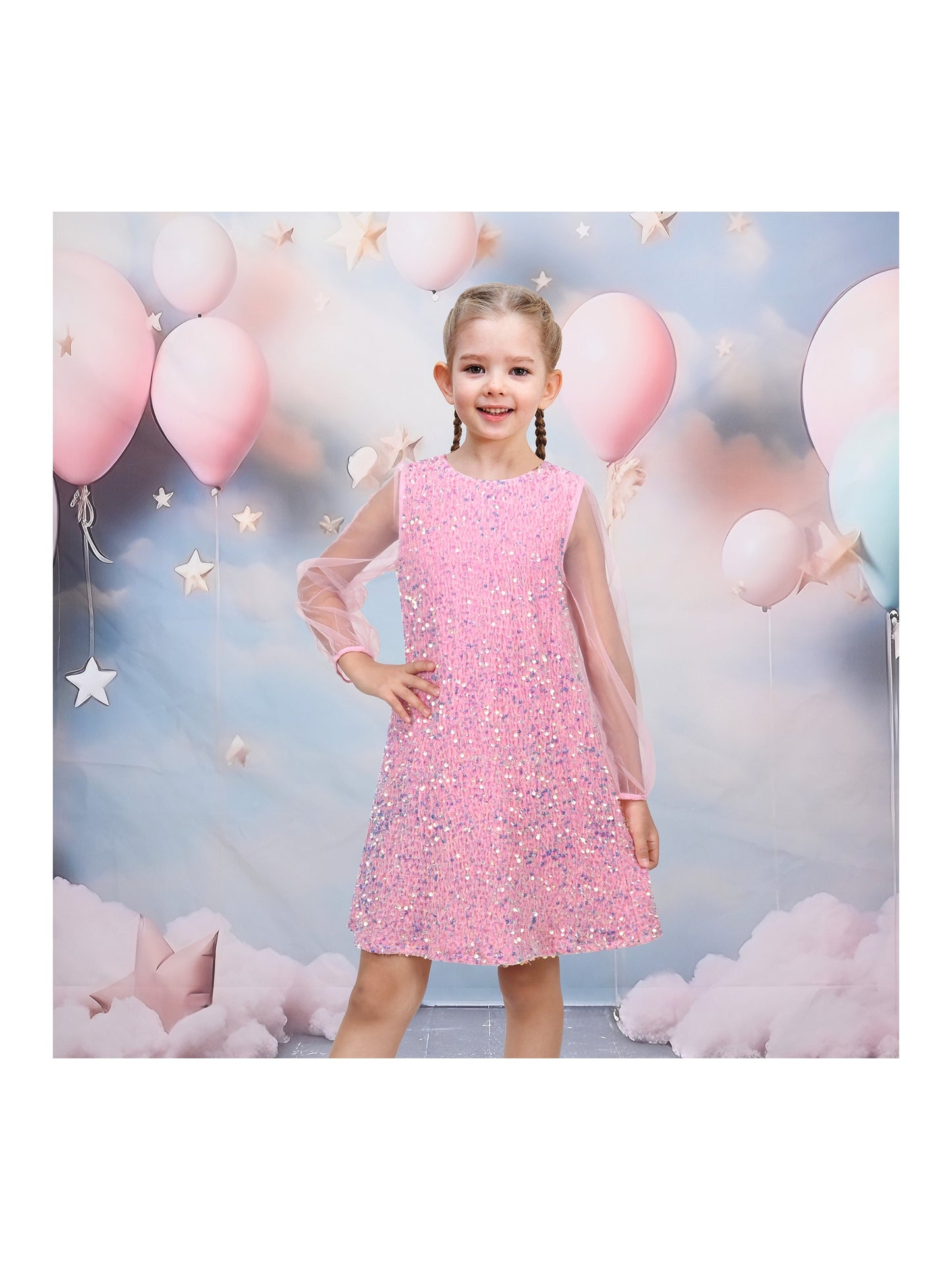Girls Dress Black Sequin Sheer Mesh Long Sleeve Party Elegant Ball Gown Pink