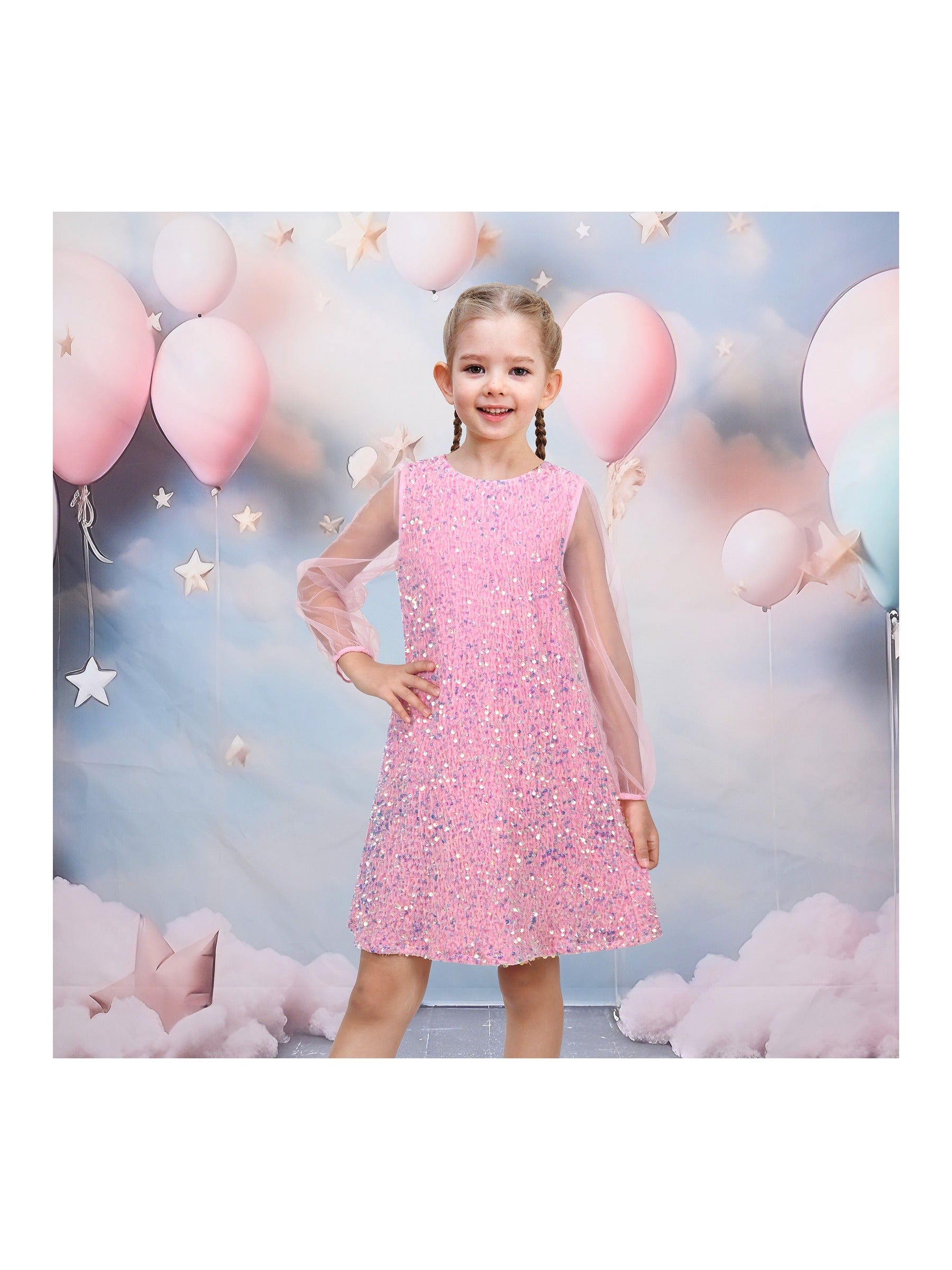 Girls Dress Black Sequin Sheer Mesh Long Sleeve Party Elegant Ball Gown Pink