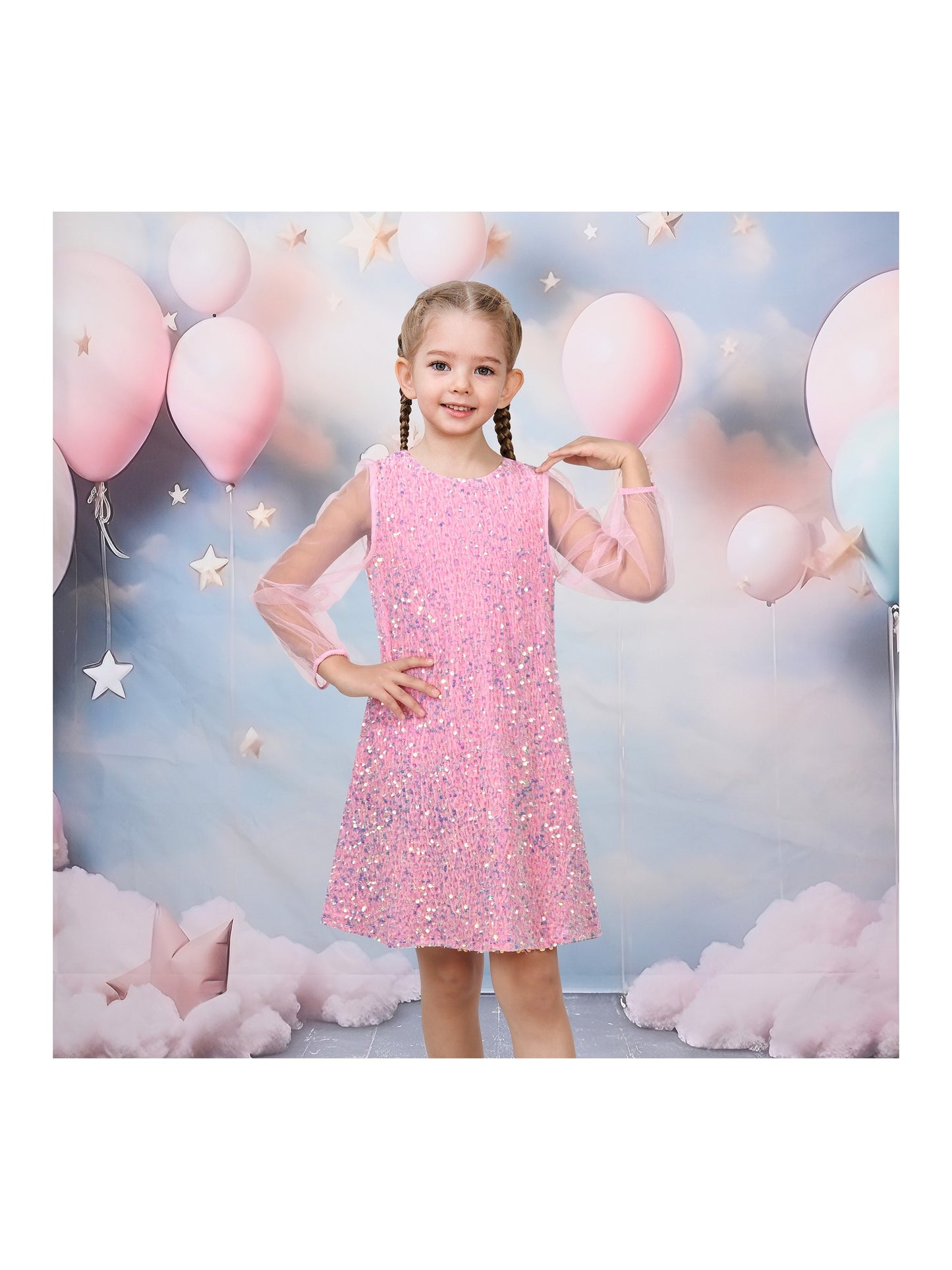 Girls Dress Black Sequin Sheer Mesh Long Sleeve Party Elegant Ball Gown Pink