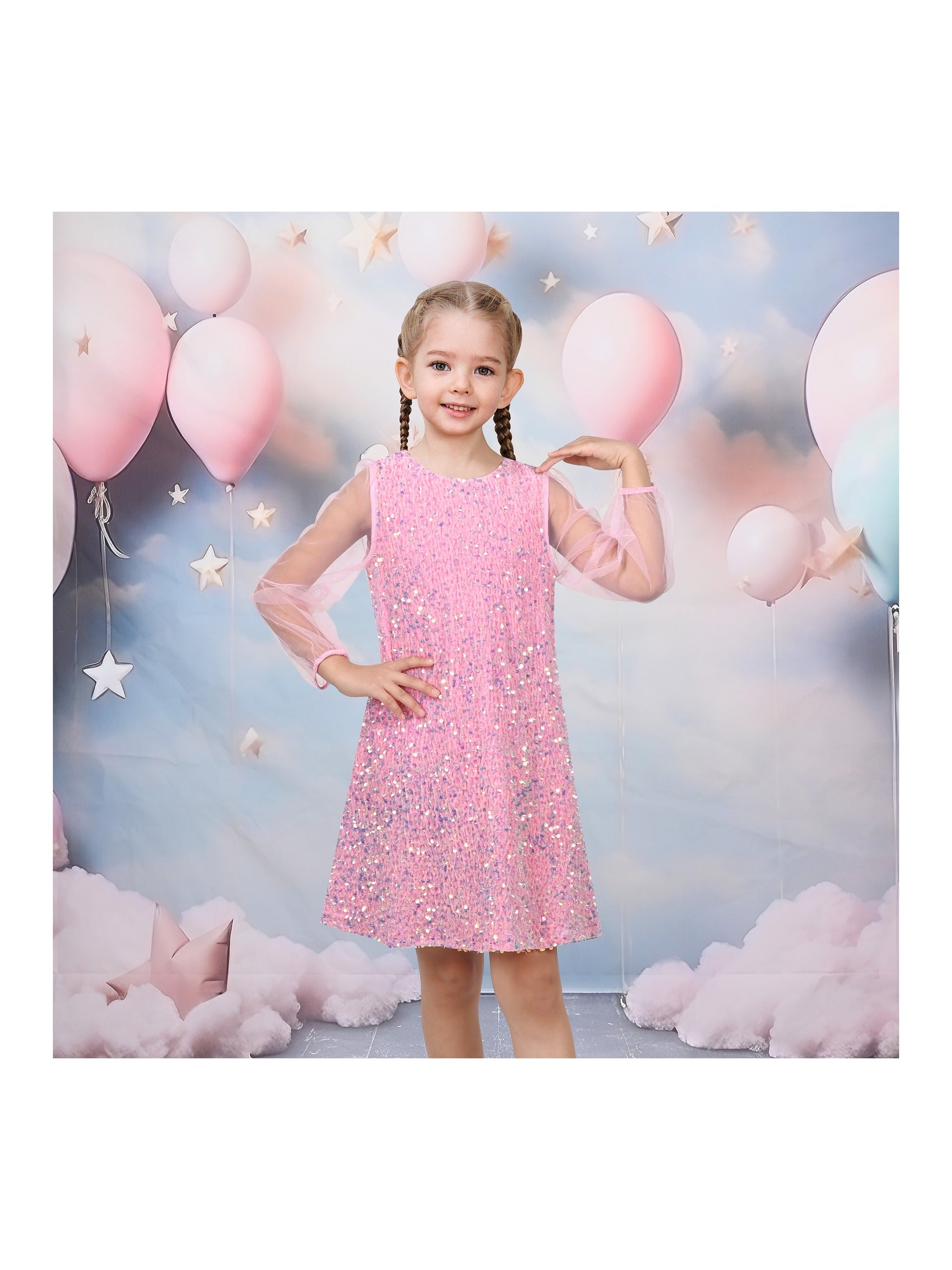 Girls Dress Black Sequin Sheer Mesh Long Sleeve Party Elegant Ball Gown Pink