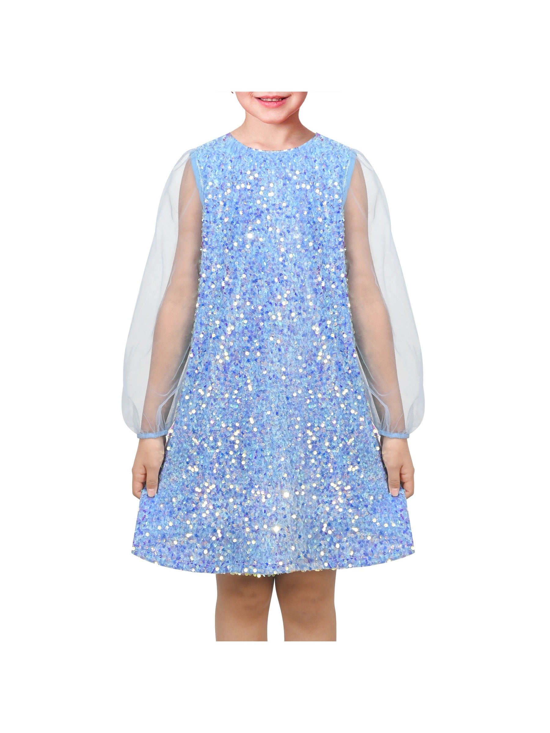 Girls Dress Black Sequin Sheer Mesh Long Sleeve Party Elegant Ball Gown Blue