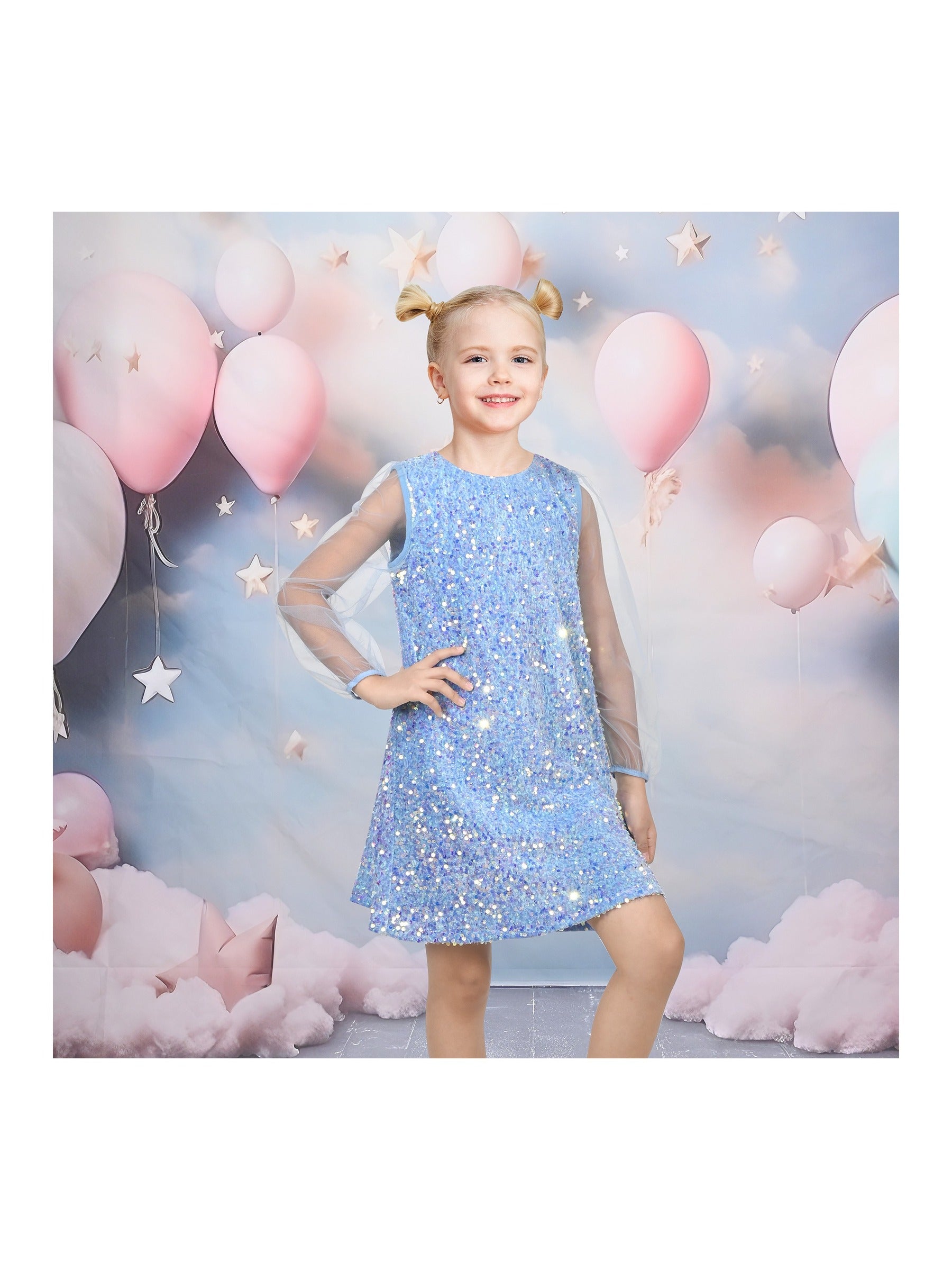 Girls Dress Black Sequin Sheer Mesh Long Sleeve Party Elegant Ball Gown Blue