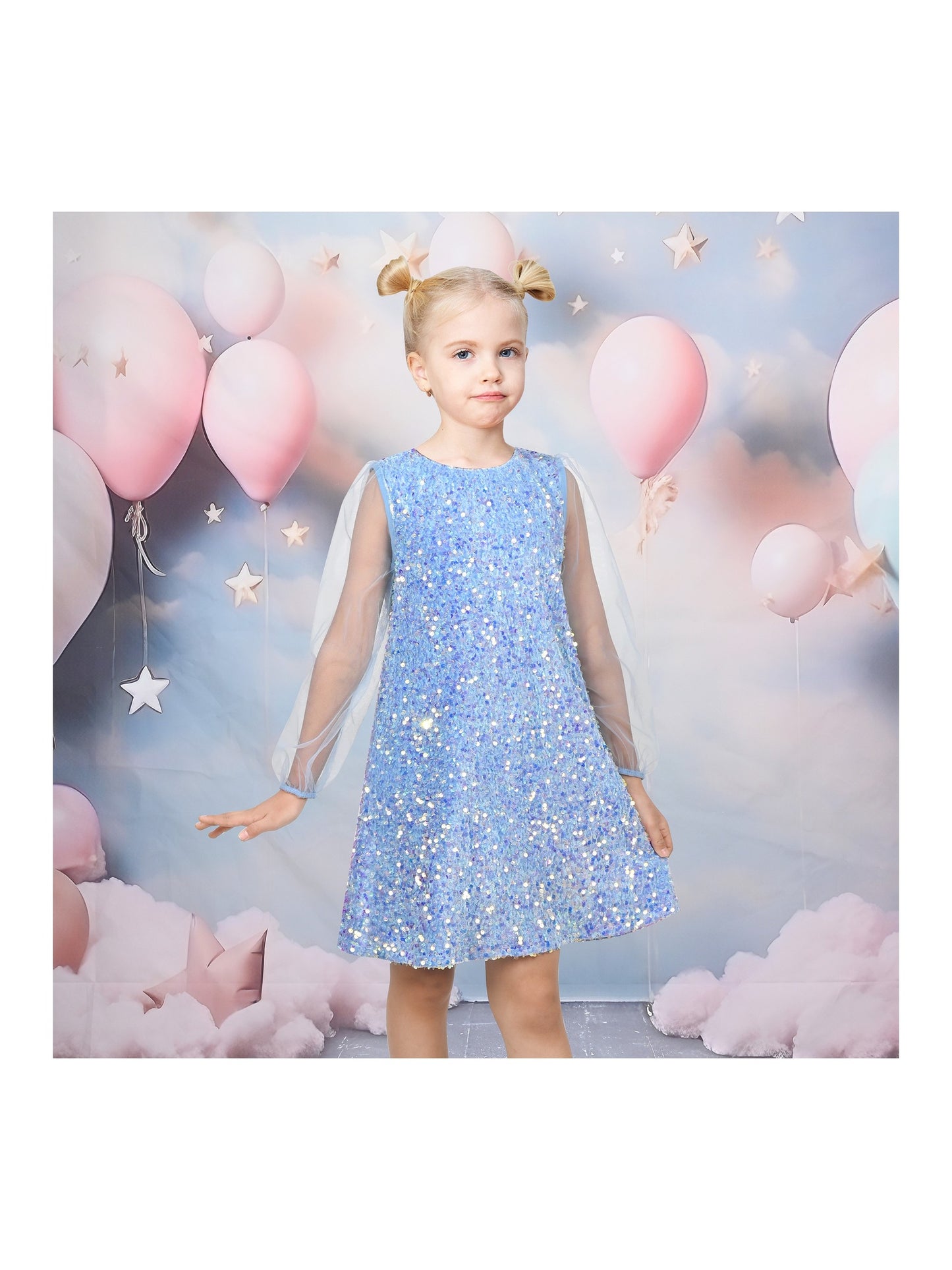 Girls Dress Black Sequin Sheer Mesh Long Sleeve Party Elegant Ball Gown Blue