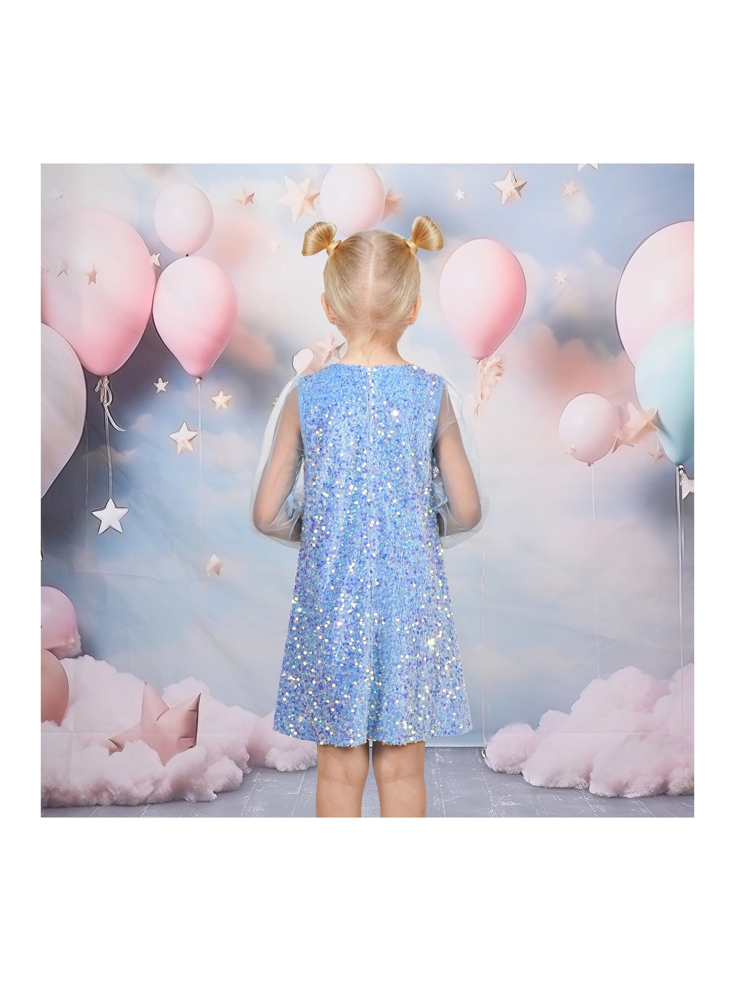 Girls Dress Black Sequin Sheer Mesh Long Sleeve Party Elegant Ball Gown Blue