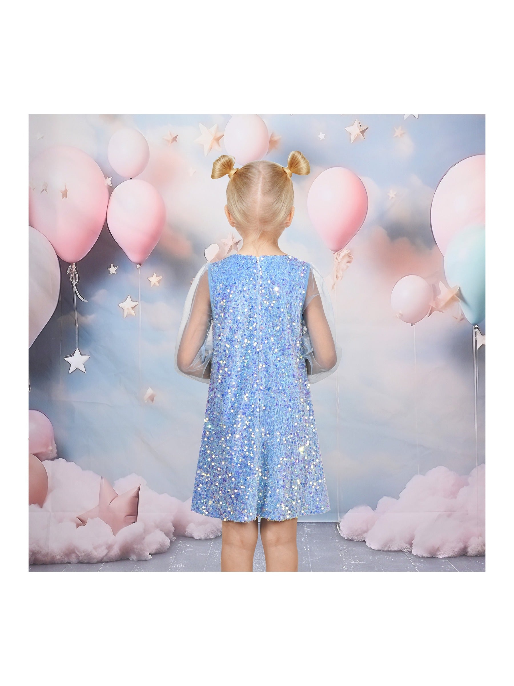Girls Dress Black Sequin Sheer Mesh Long Sleeve Party Elegant Ball Gown Blue