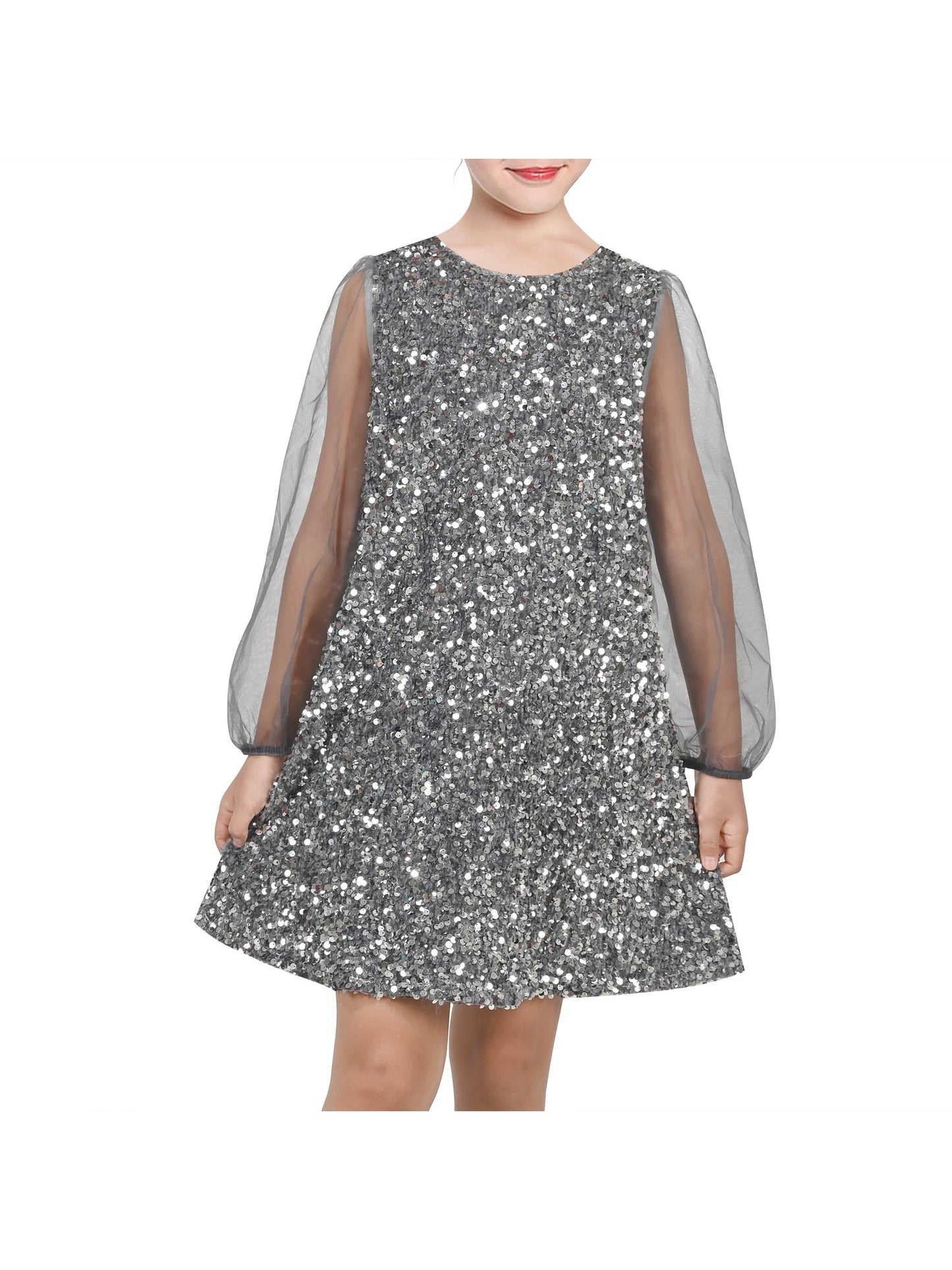 Girls Dress Black Sequin Sheer Mesh Long Sleeve Party Elegant Ball Gown Gray