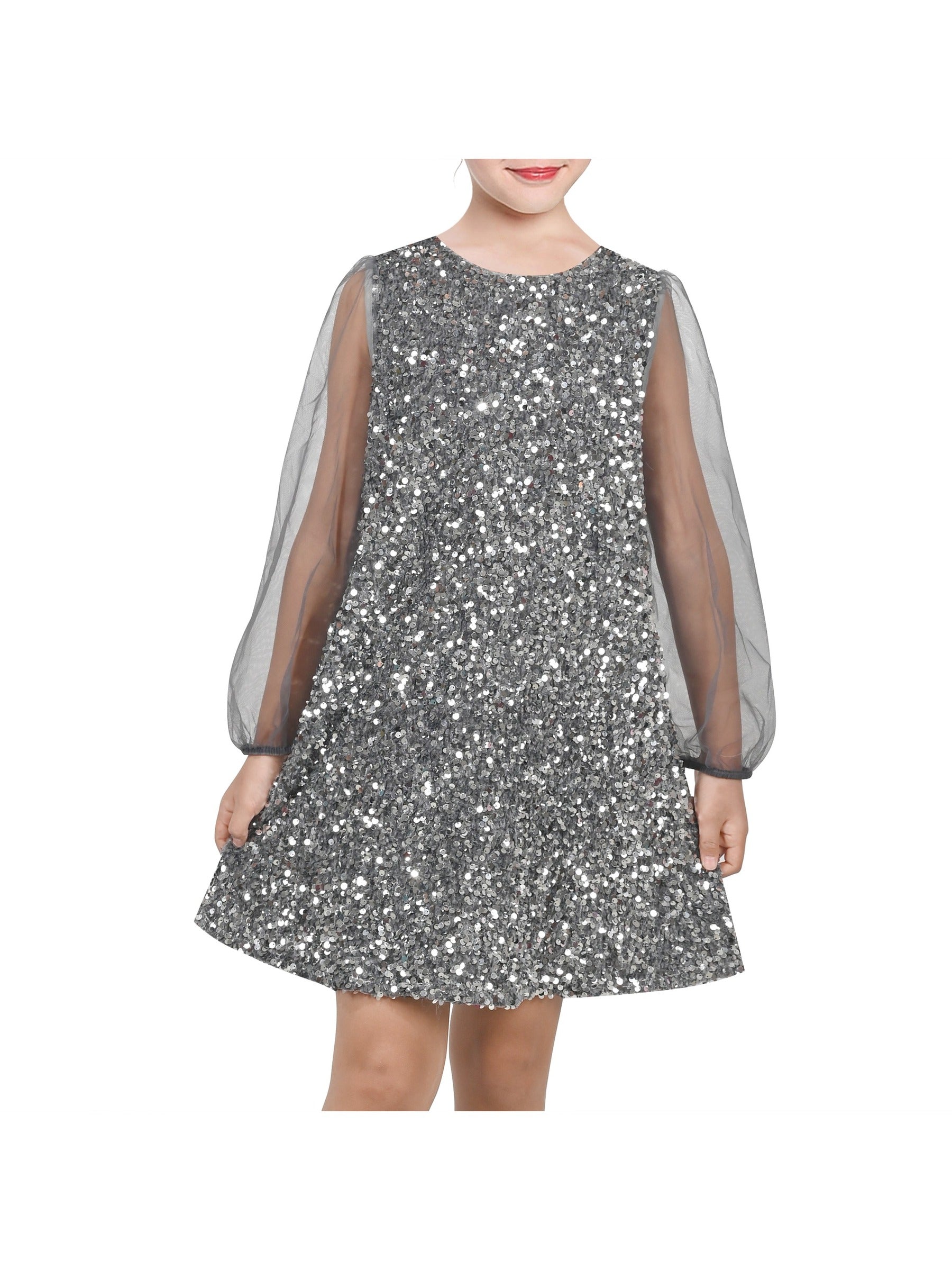 Girls Dress Black Sequin Sheer Mesh Long Sleeve Party Elegant Ball Gown Gray