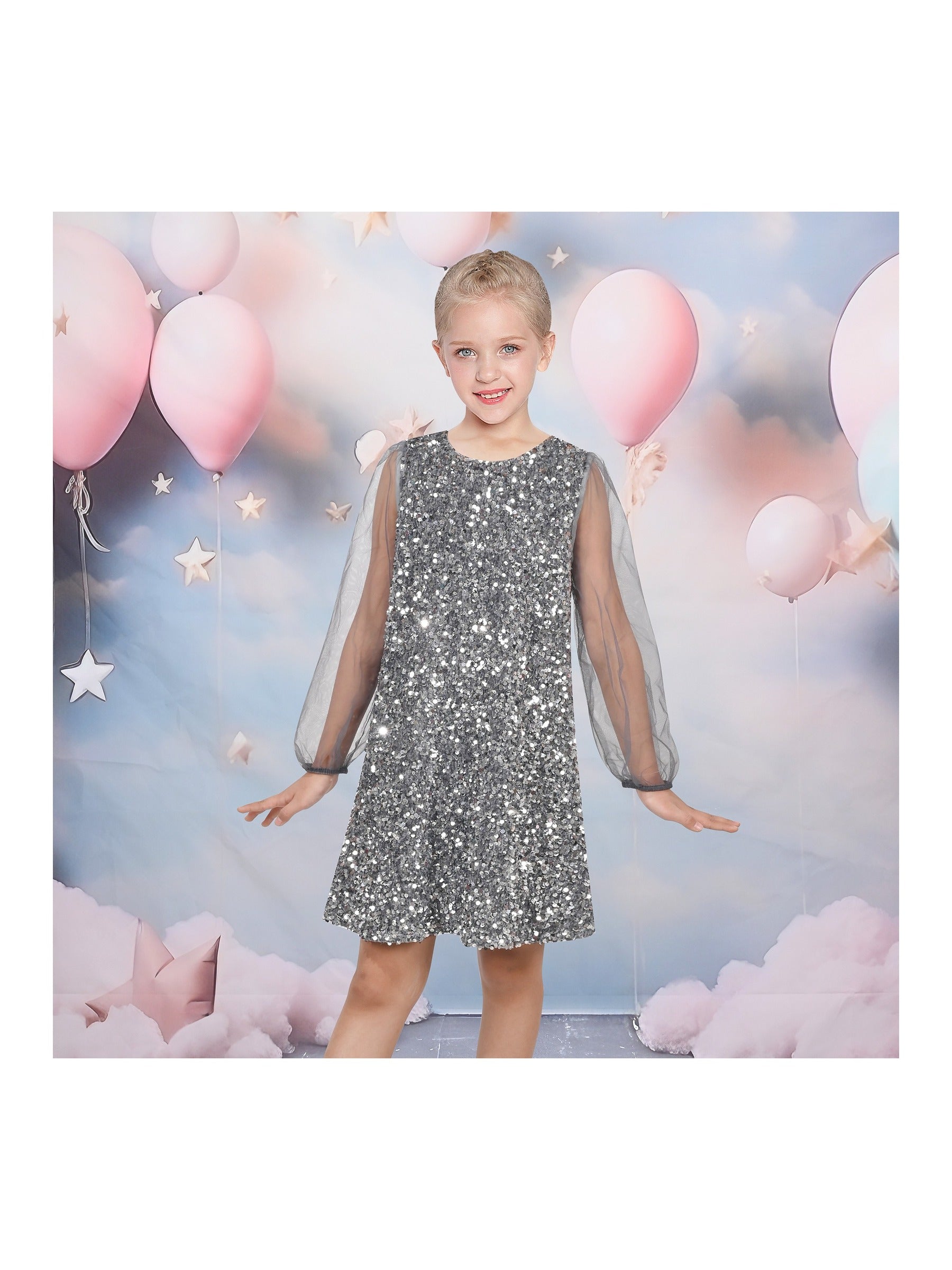 Girls Dress Black Sequin Sheer Mesh Long Sleeve Party Elegant Ball Gown Gray
