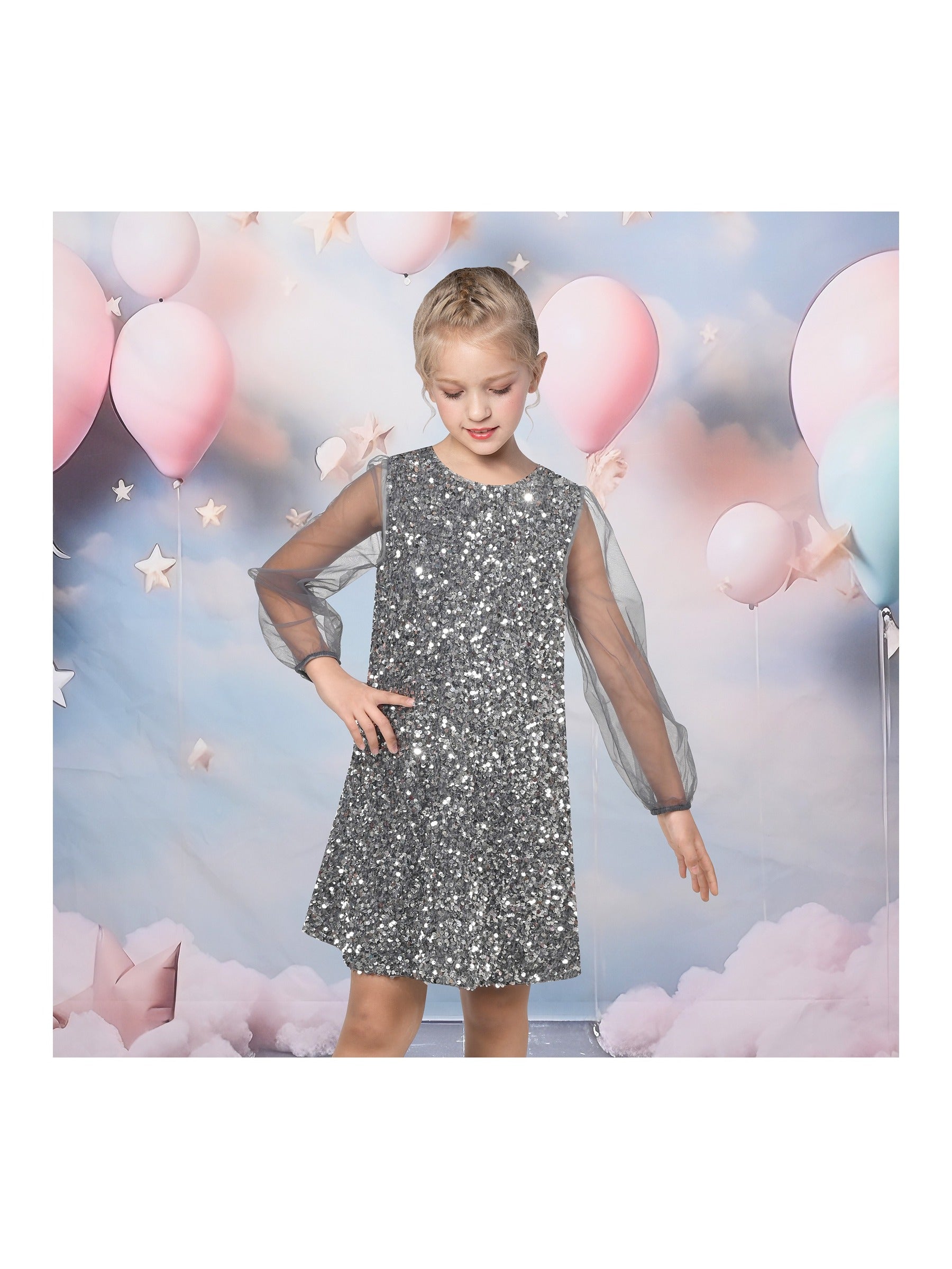 Girls Dress Black Sequin Sheer Mesh Long Sleeve Party Elegant Ball Gown Gray