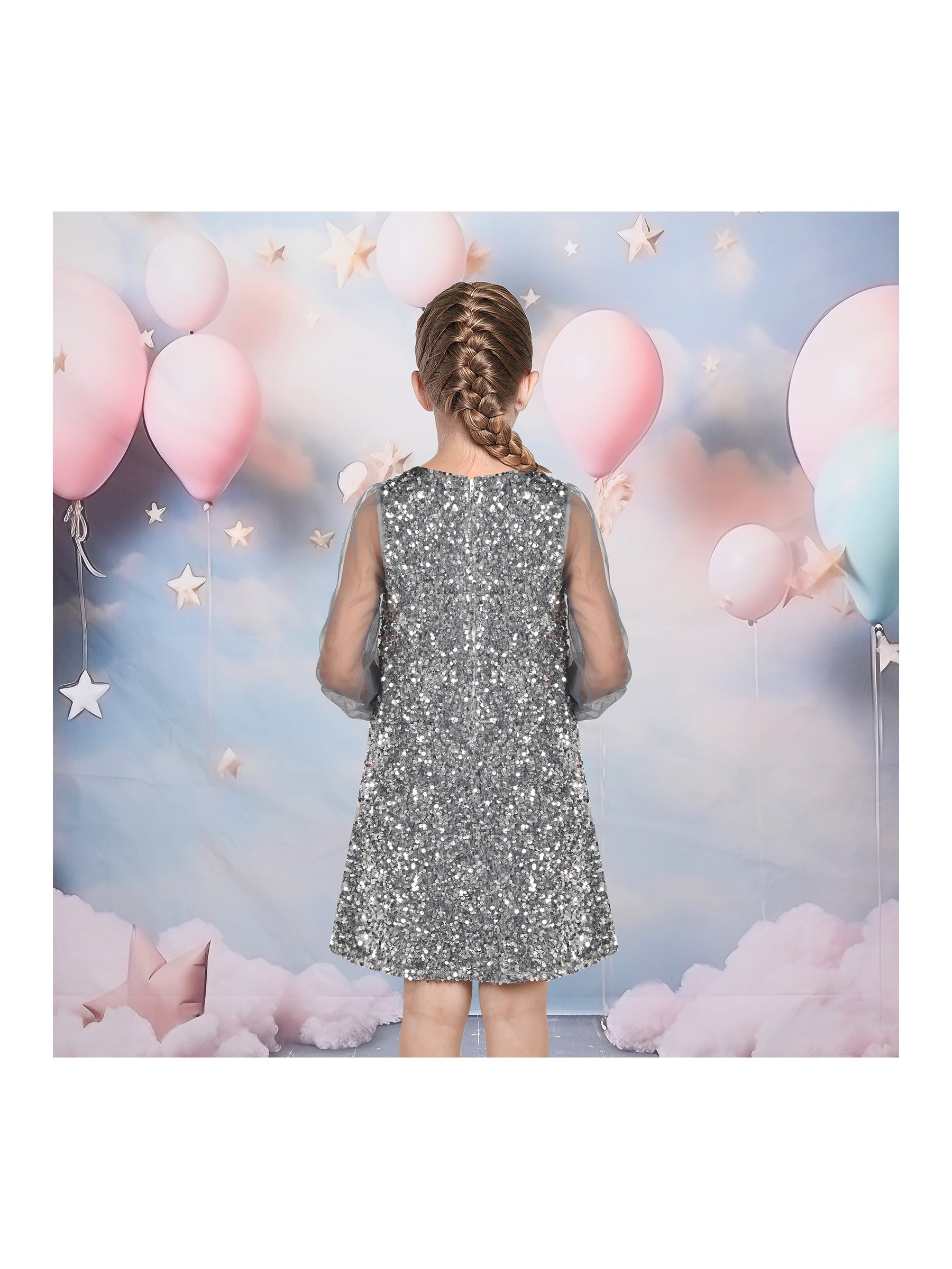 Girls Dress Black Sequin Sheer Mesh Long Sleeve Party Elegant Ball Gown Gray