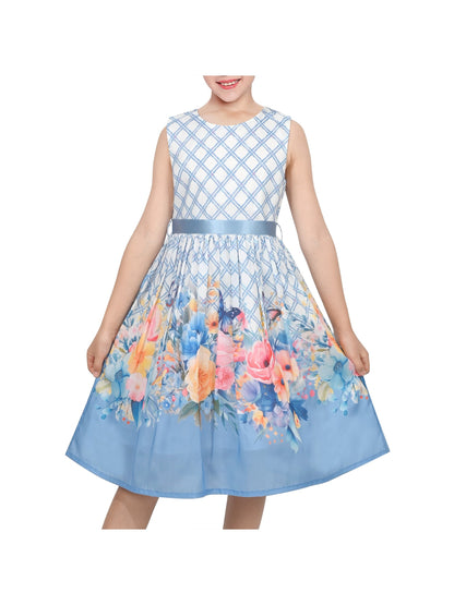 Girls Dress Light Blue Grid Plaid Floral Print Ribbon Casual Sundress - Sky Blue