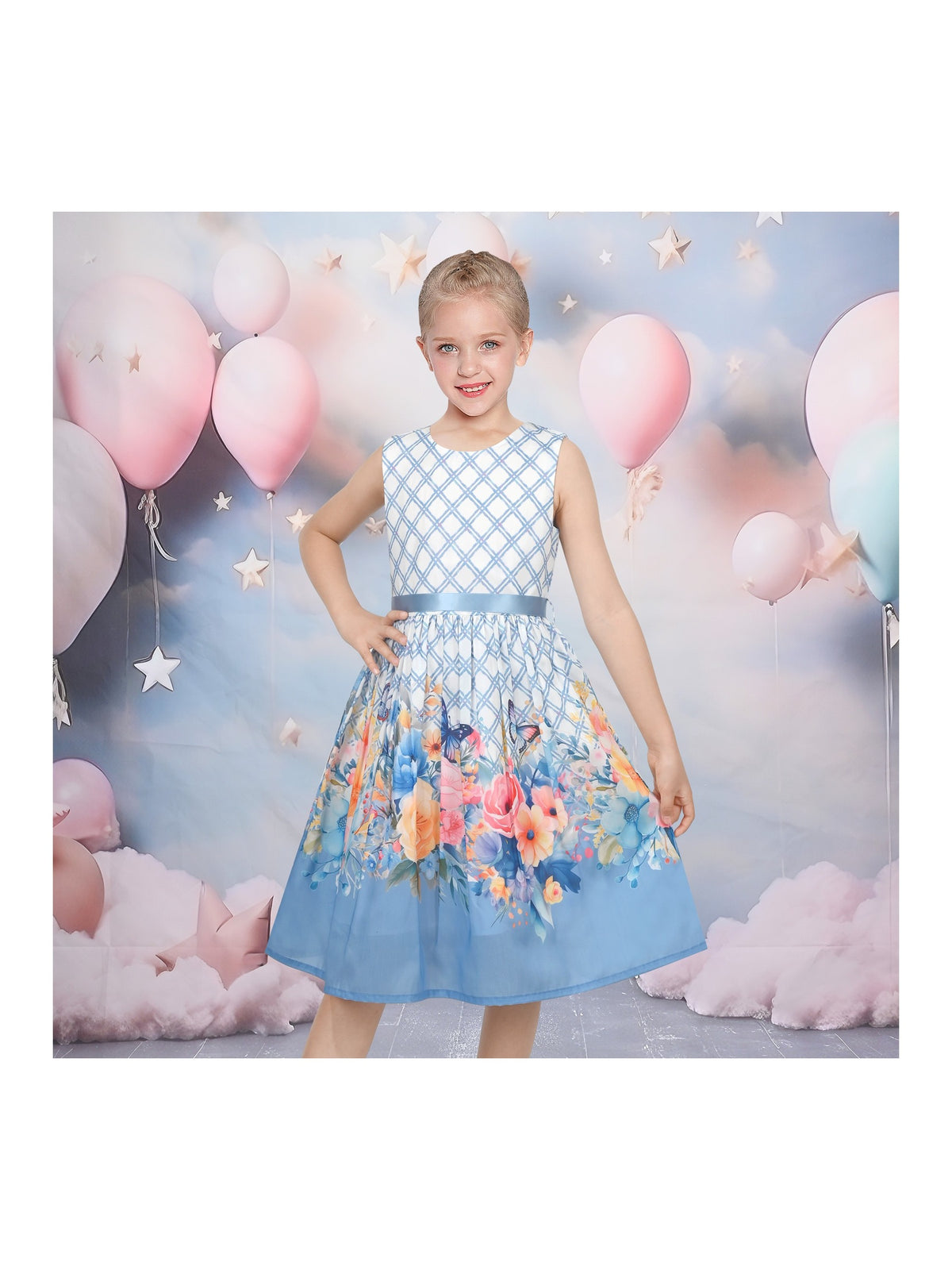 Girls Dress Light Blue Grid Plaid Floral Print Ribbon Casual Sundress - Sky Blue