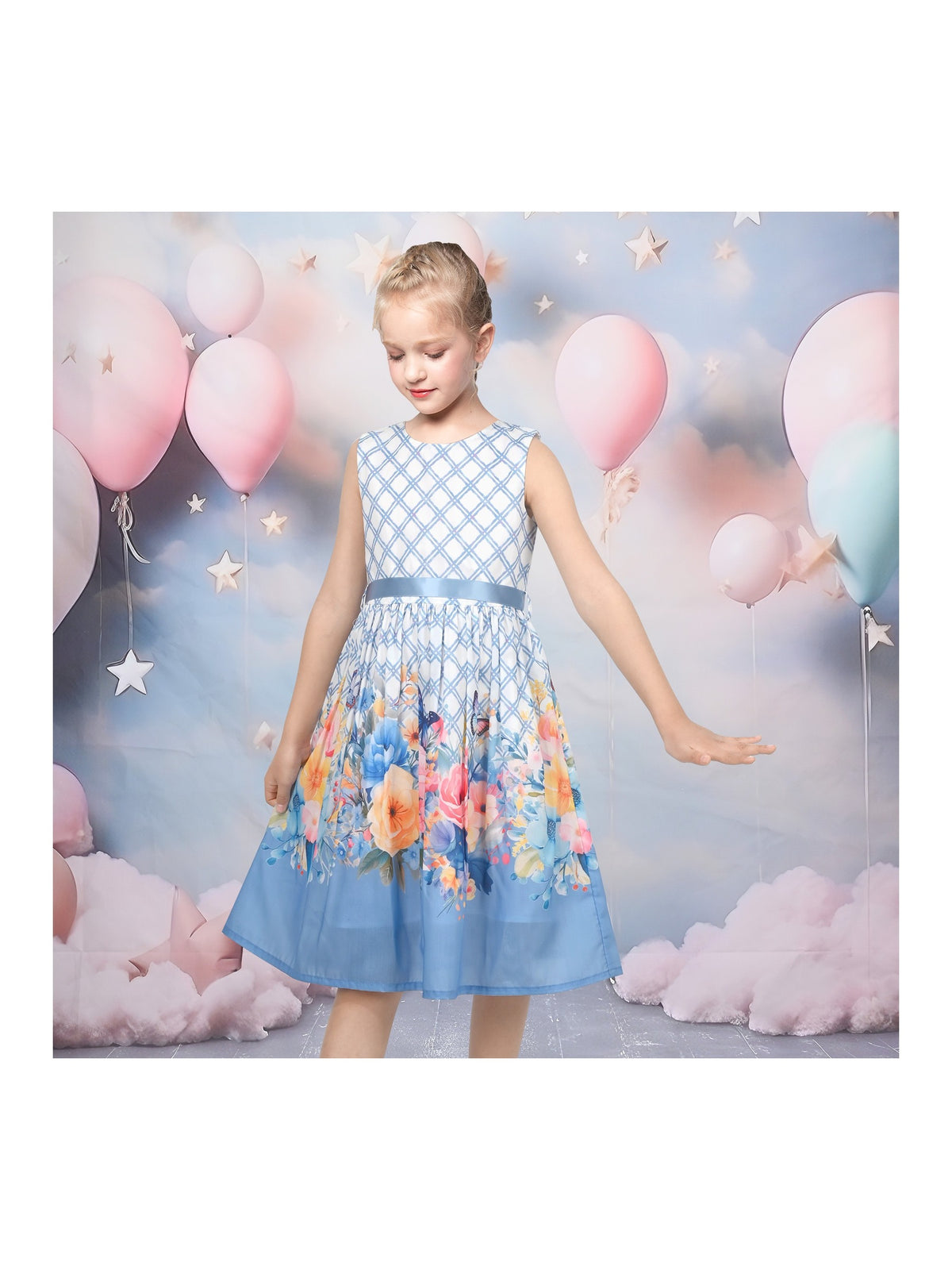 Girls Dress Light Blue Grid Plaid Floral Print Ribbon Casual Sundress - Sky Blue