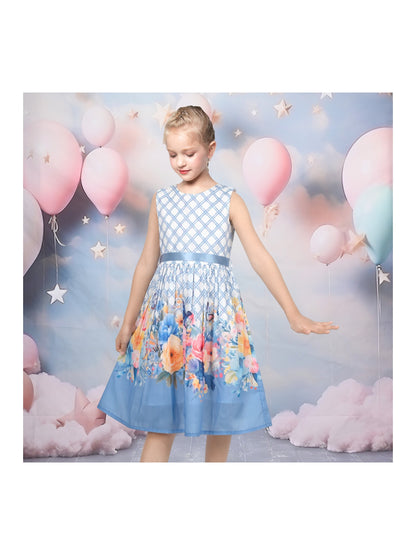 Girls Dress Light Blue Grid Plaid Floral Print Ribbon Casual Sundress - Sky Blue