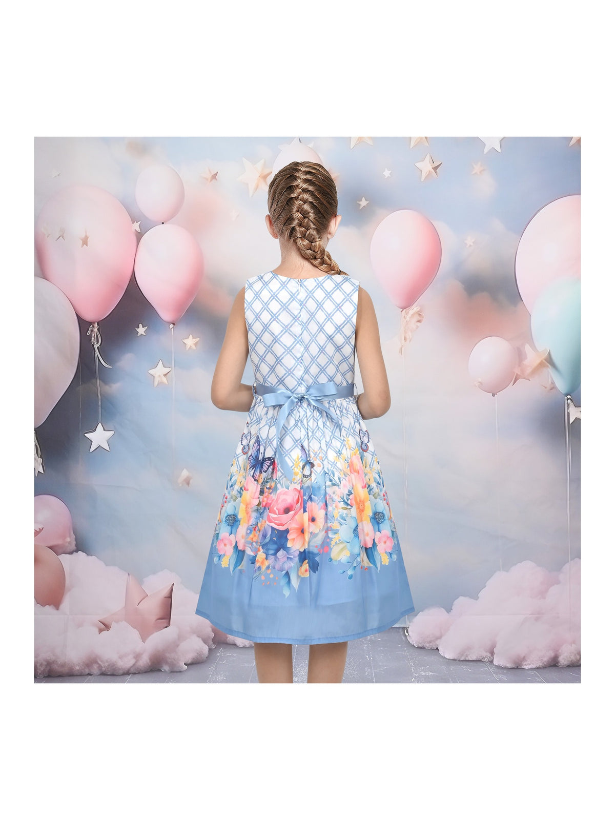 Girls Dress Light Blue Grid Plaid Floral Print Ribbon Casual Sundress - Sky Blue