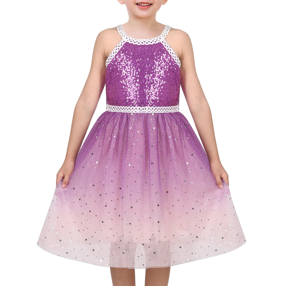 Girls Dress Purple Butterfly Embroidered Halter Dress Party - Lavender