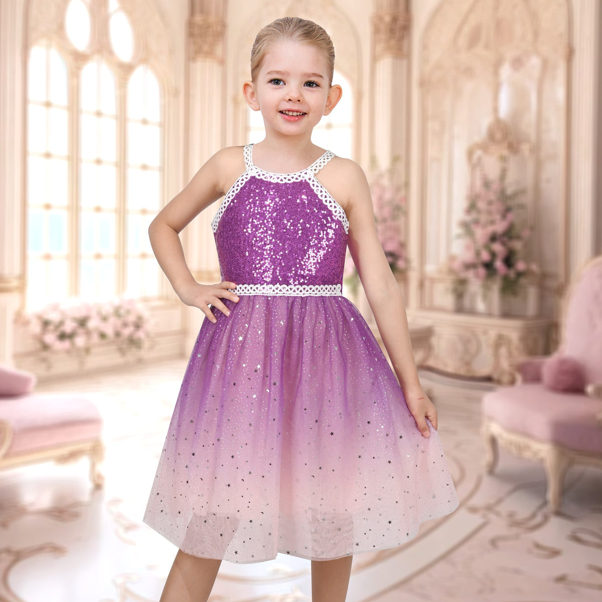 Girls Dress Purple Butterfly Embroidered Halter Dress Party - Lavender