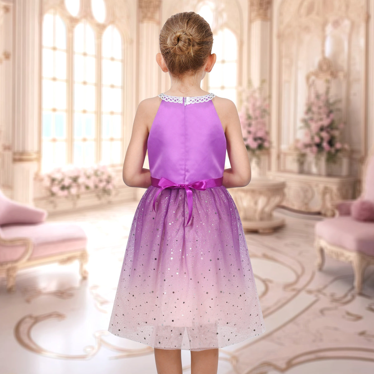 Girls Dress Purple Butterfly Embroidered Halter Dress Party - Lavender