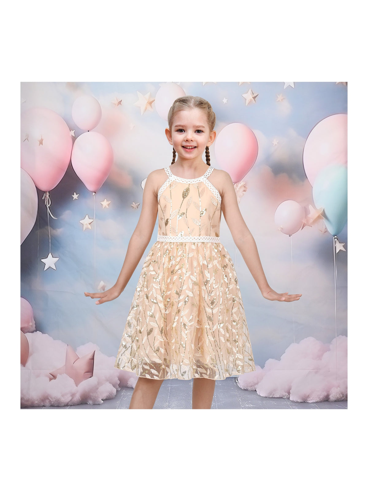 Girls Dress Purple Butterfly Embroidered Halter Dress Party - Gold Leaf